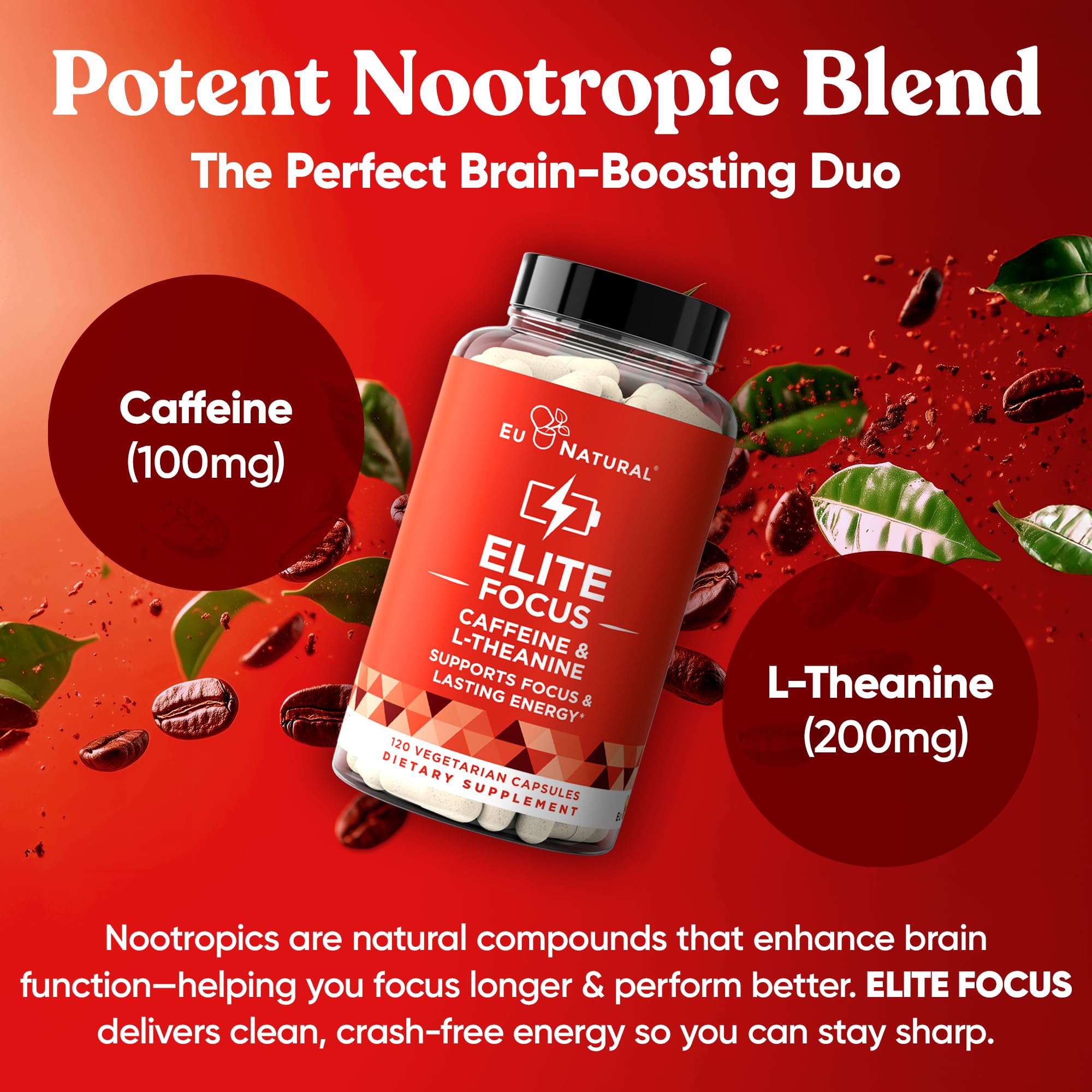 Elite Caffeine Pills with L-Theanine - 120 Soft Capsules for Jitter-Free Focus & Mental Clarity | Natural Nootropic Supplement for Cognitive Performance | Ideal for Studying, Workouts & Long Work Hours