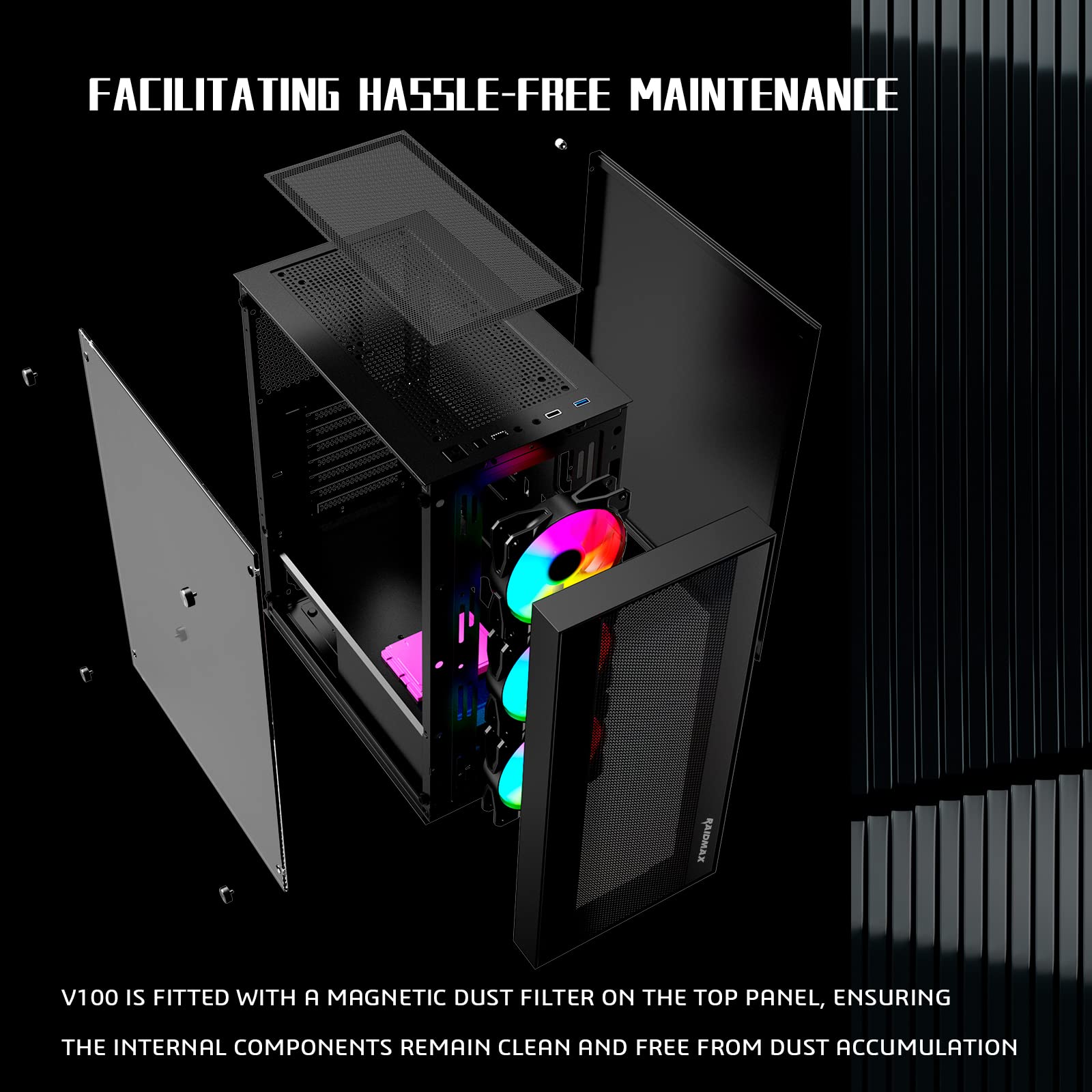 RAIDMAX V100 ATX Mid Tower Gaming PC Case - 4 Pre-Installed RGB Fans, Tempered Glass Side Panel, High Airflow Design (Black) | Perfect for Gaming Rigs, Streaming Setups & Custom PC Builds