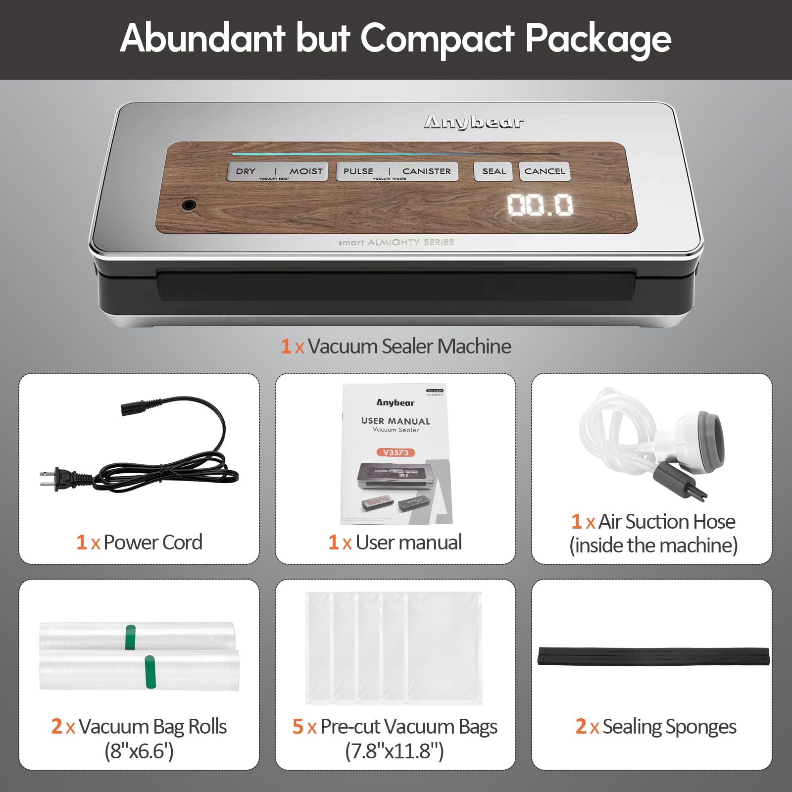 Powerful 120W Vacuum Sealer Machine with 90kPa Wide Seal - All-in-One Food Storage Solution | Built-in Cutter, Digital Countdown Display | Includes 2 Bag Rolls & 5 Pre-cut Bags (Silver Wood Grain) | Perfect for Meal Prep, Sous Vide, Freezer Storage & Long-Term Food Preservation