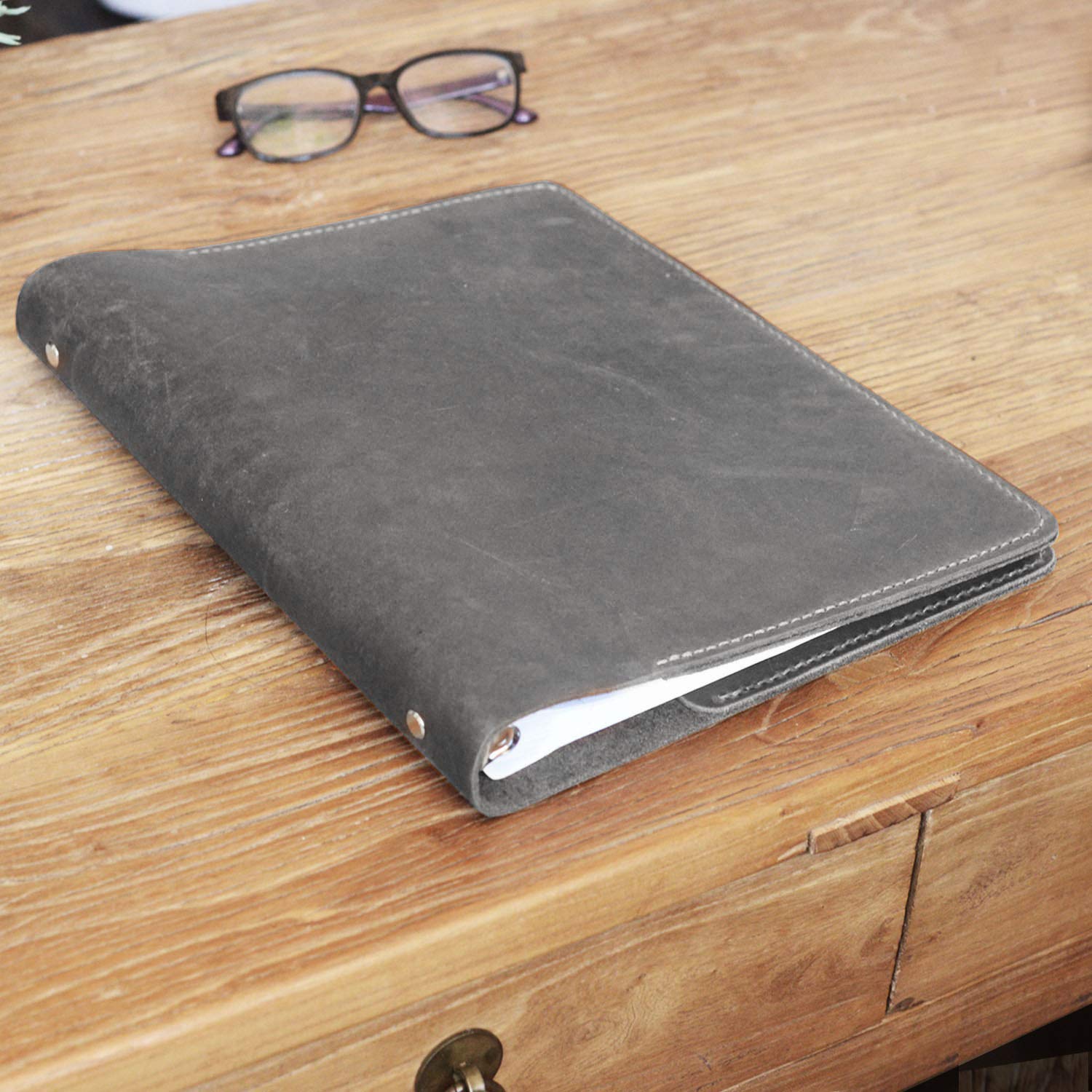 Premium Distressed Grey Leather Binder Cover - 3-Ring Portfolio for 8.5 x 11 Refill Paper | Professional Organizer for Office, School & Business Meetings