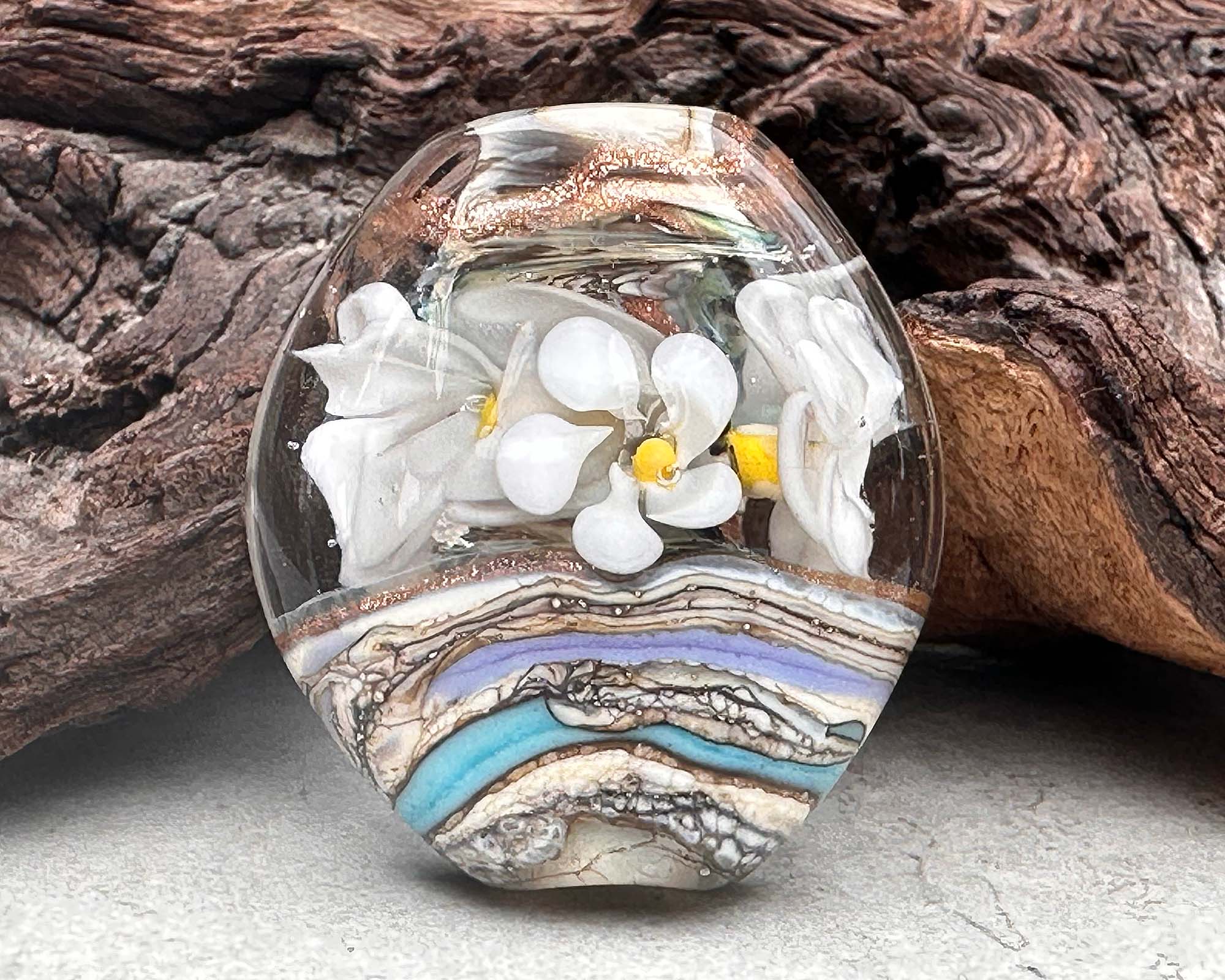 Handmade White Floral Organic Lampwork Glass Focal Bead for Jewelry Making - Perfect for Necklaces, Bracelets, and DIY Crafts