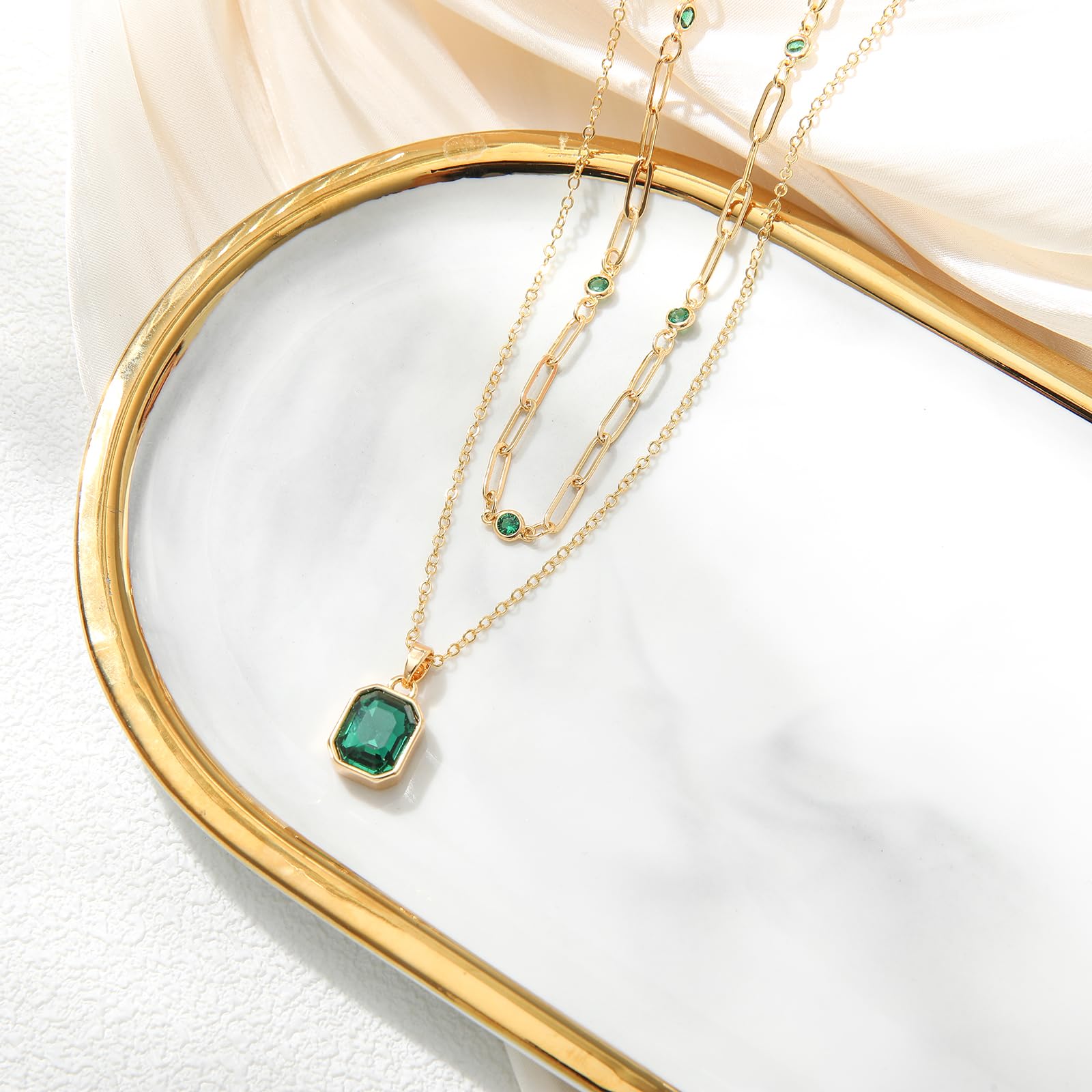 18K Gold Plated Crystal Paperclip Choker Necklace for Women - Emerald Green Layered Jewelry Gift for Her, Perfect for Date Night, Parties & Special Occasions