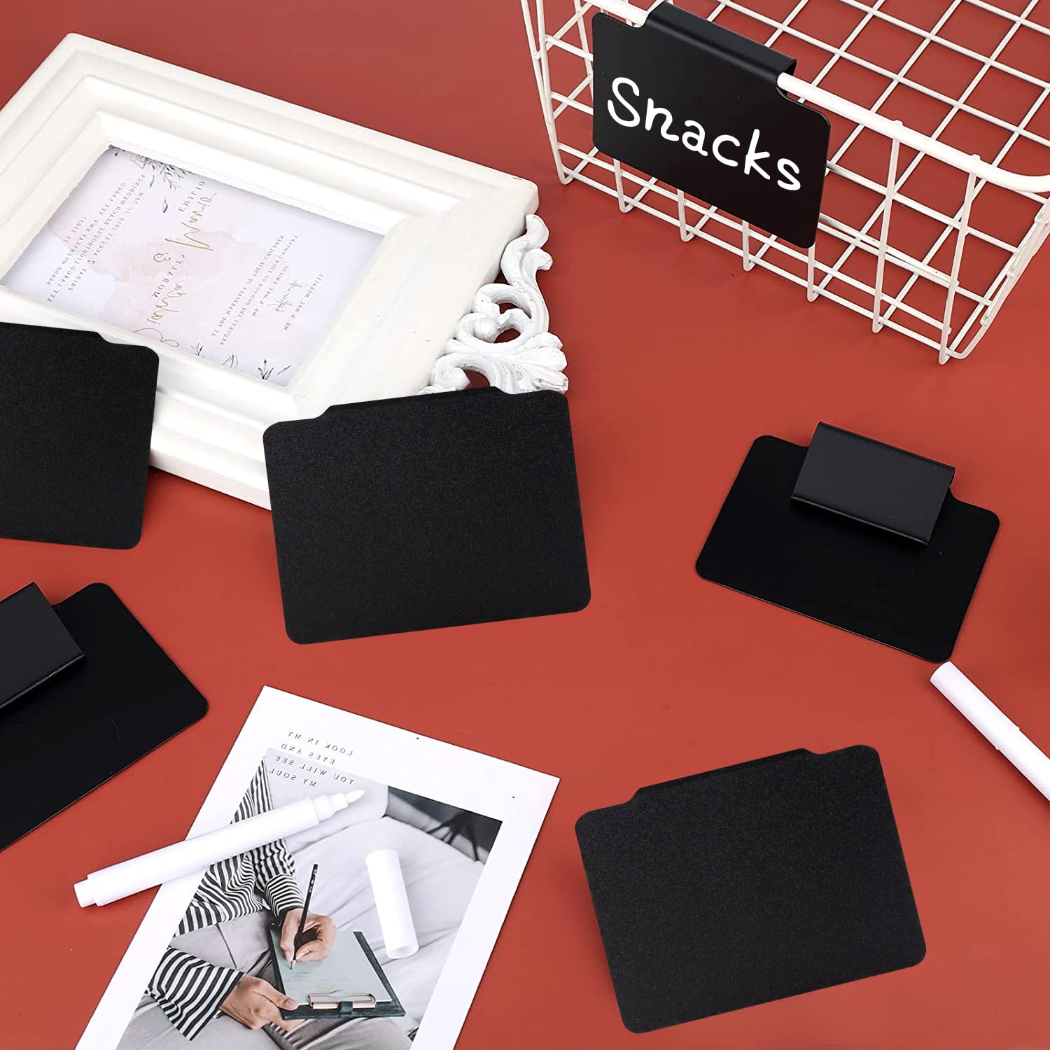 Removable Plastic Clip Labels with White Chalk Markers - 18 Pack with 2 Chalk Pens for Kitchen Pantry, Storage Bins, Fabric Organizers - Perfect for Home Organization & Labeling Containers
