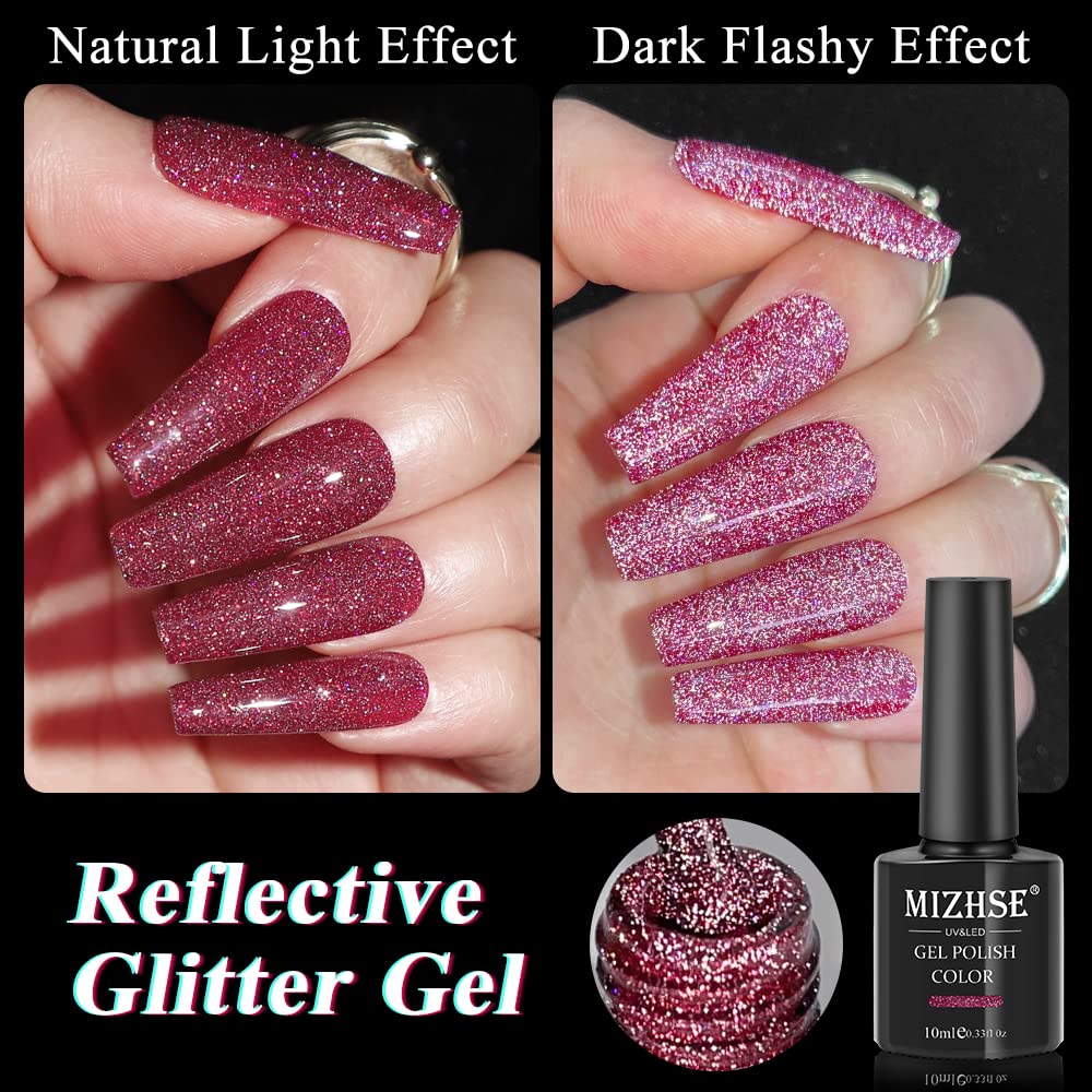 MIZHSE Reflective Rose Red Sparkling Glitter Gel Nail Polish - UV/LED Soak Off Diamond Shine Nail Art Gel (10ml) for Salon & Home Manicures