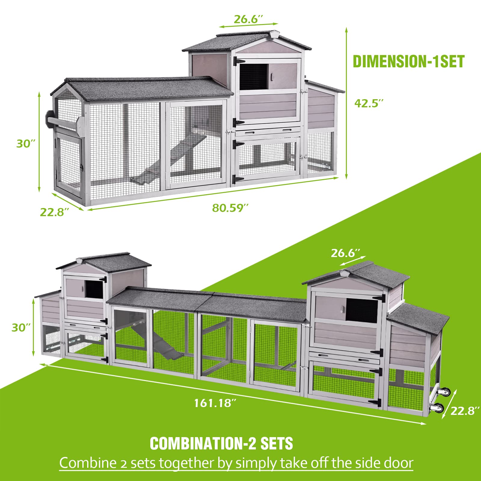 GUTINNEEN 80in Mobile Chicken Coop with Run - Portable Wooden Poultry Cage, Rabbit Hutch with Nesting Box & Wheels - Ideal for Backyard Farming, Poultry Raising & Small Animal Shelter