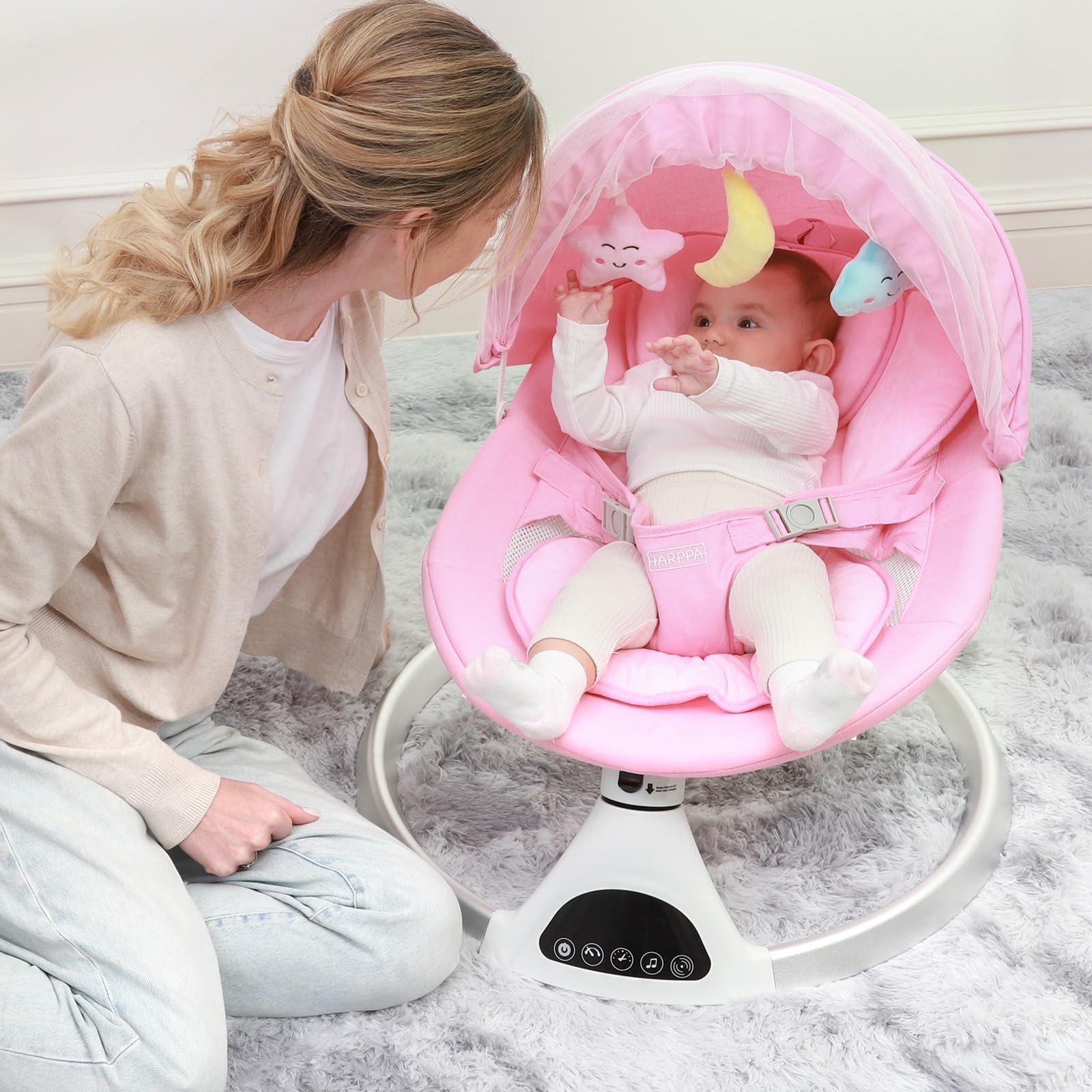 HARPPA Electric Baby Swing for Infants & Toddlers - Portable Motorized Bluetooth Baby Swing with 12 Lullabies & Music Speaker - Newborn Swing for Boys & Girls (Pink) - Perfect for Nursery, Travel & Soothing Fussy Babies