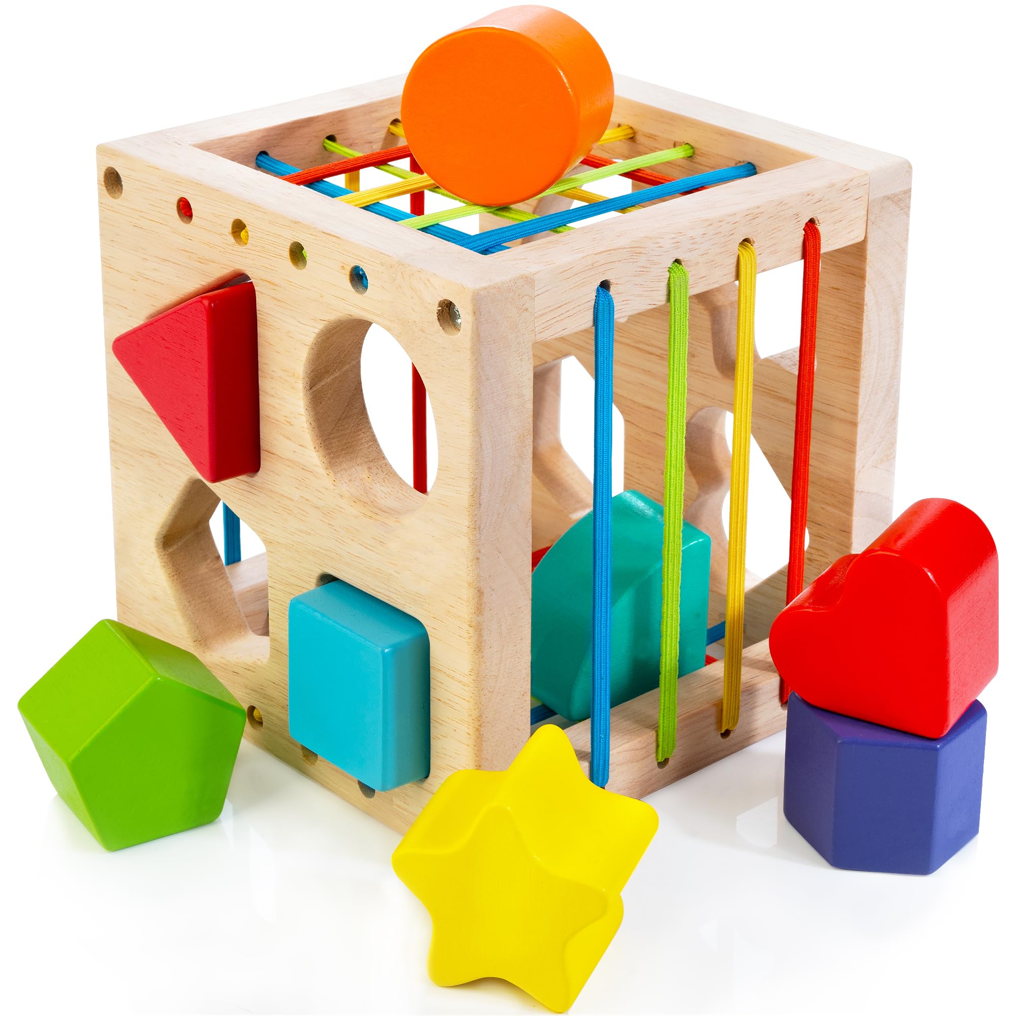 Montessori Wooden Shape Sorter Toy for Toddlers - 8-Piece Rattling Blocks Educational Learning Cube for Baby Boys & Girls | Perfect for Early Childhood Development & Sensory Play