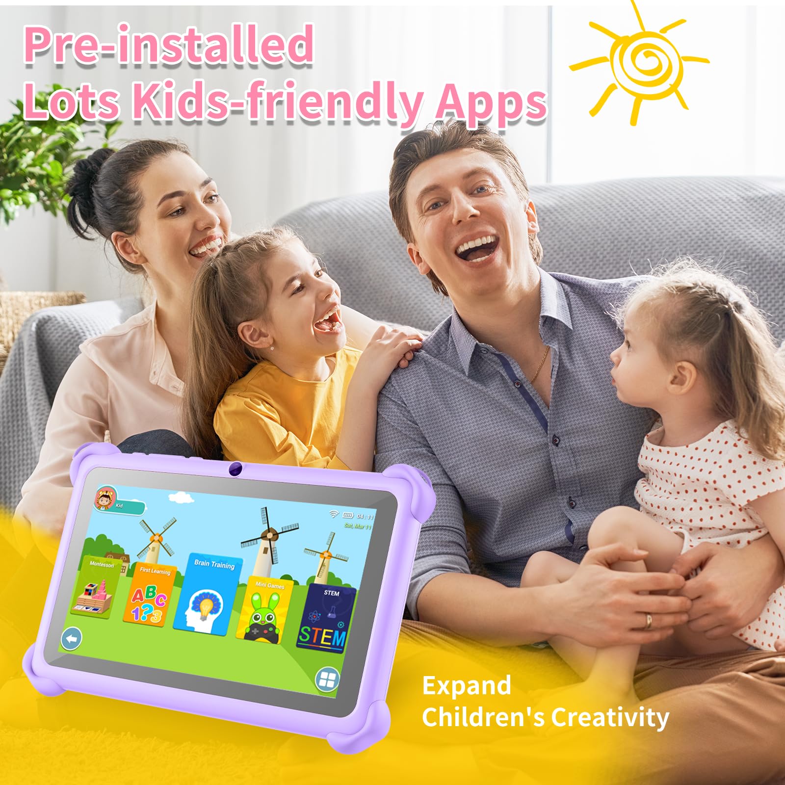 7 Inch Kids Tablet 32GB - Android Learning Tablet with WiFi, Bluetooth & Parental Control | Preloaded Educational Apps for Boys & Girls | Durable Purple Case Included | Perfect for Homeschooling, Travel & Early Childhood Development