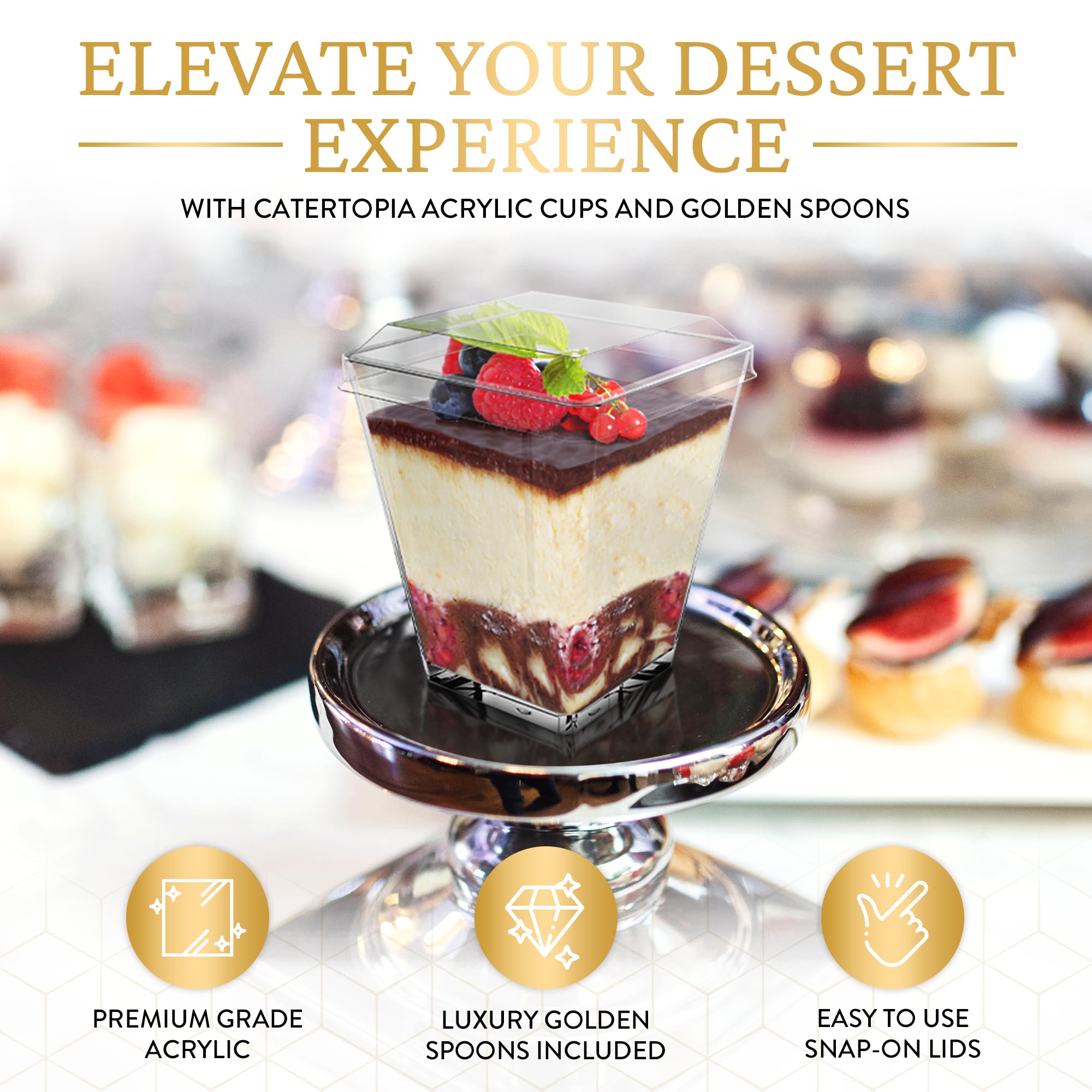 5 oz Mini Square Dessert Cups with Lids & Gold Spoons (50 Pack) - BPA Free Reusable Plastic Appetizer Cups for Parfait, Ice Cream, Yogurt - Perfect for Parties, Catering, Events & Home Entertaining