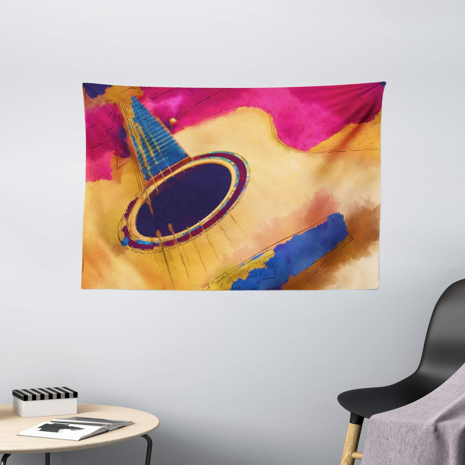 Ambesonne Abstract Guitar Tapestry Wall Art - Vintage Watercolor String Pattern in Magenta Violet Blue Mustard - 60