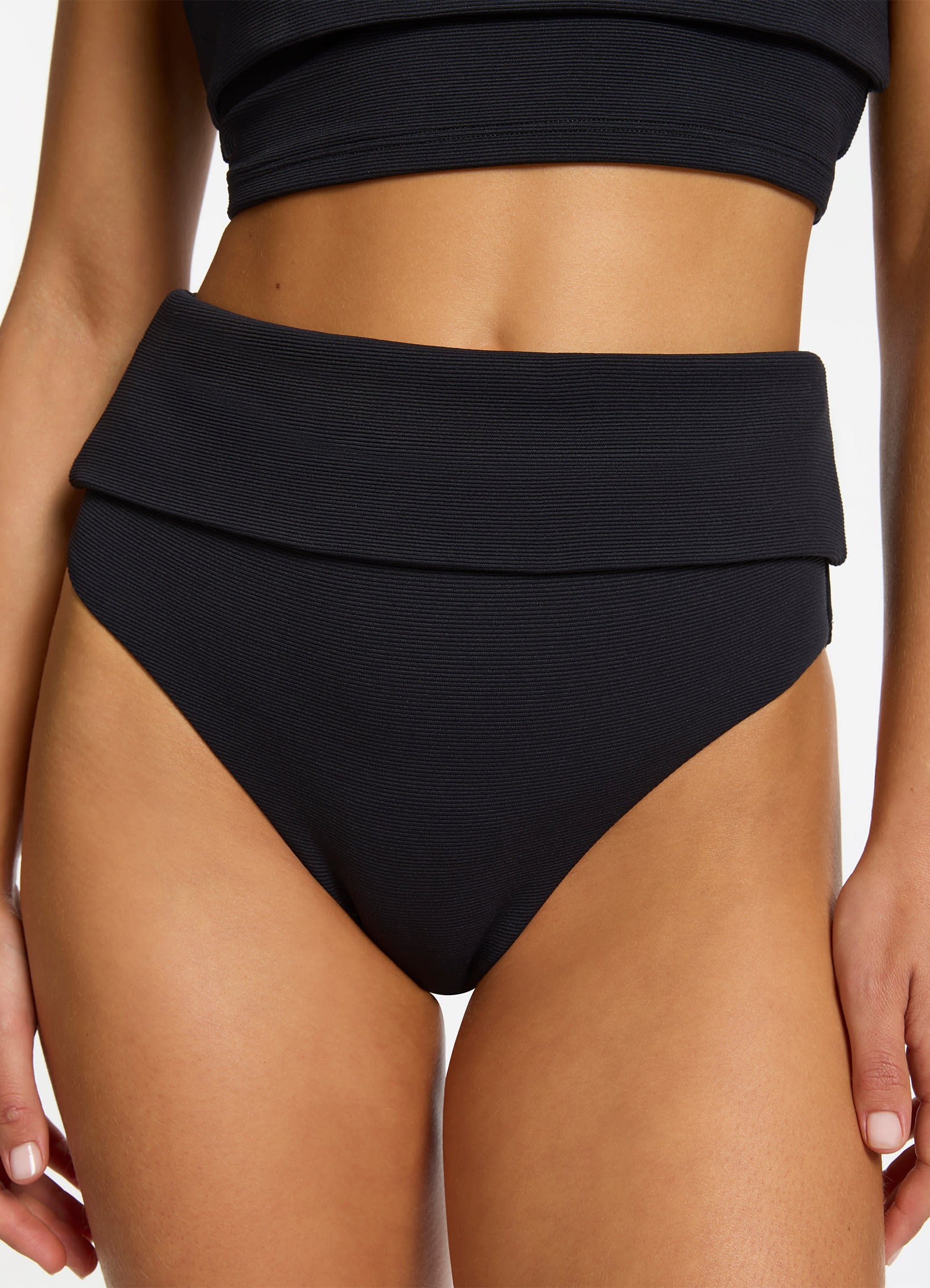 Isla Rib Fold Down High Waisted Bikini Bottom - Black Swimwear for Women | Beach Vacation, Pool Party, Summer Swimwear