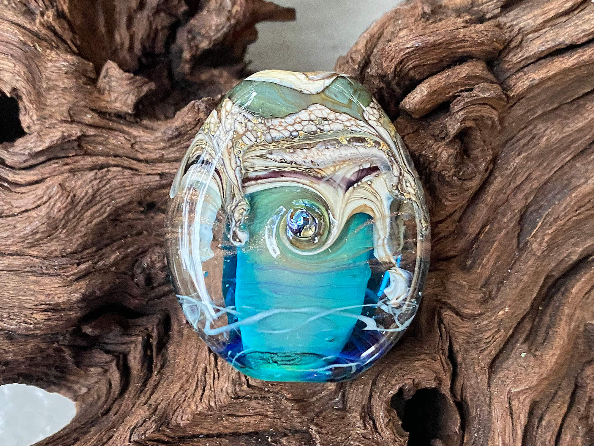 Handmade Aqua Blue Ivory Organic Lampwork Glass Focal Bead for Jewelry Making - Perfect for Necklaces, Bracelets, and DIY Craft Projects
