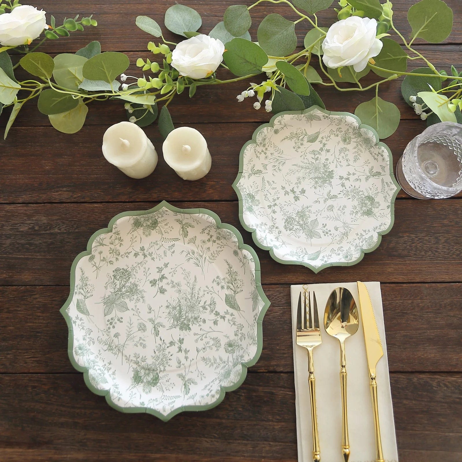 25-Pack White and Sage Green Floral Leaf Print Paper Plates with Scalloped Rim - Elegant Disposable Tableware for Weddings, Baby Showers & Garden Parties