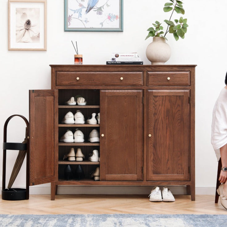 American Style Oak Solid Wood Shoe Cabinet - Durable Entryway Storage Organizer for Hallway, Closet & Mudroom