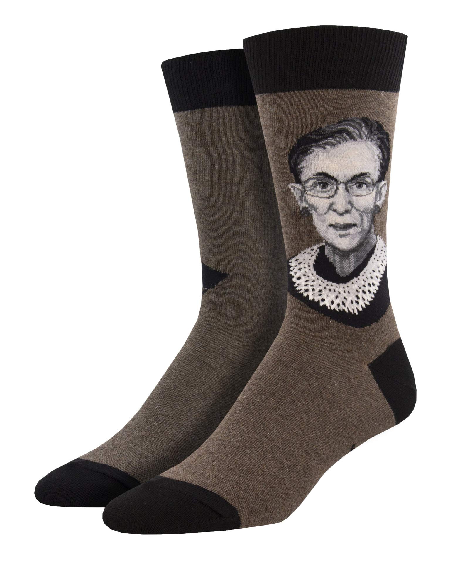 Socksmith Men's Ruth Bader Ginsburg Portrait Crew Socks - Heather Brown - Funny Novelty Socks for Supreme Court Fans & Political Enthusiasts - Perfect Gift for Lawyers, Judges & RBG Supporters