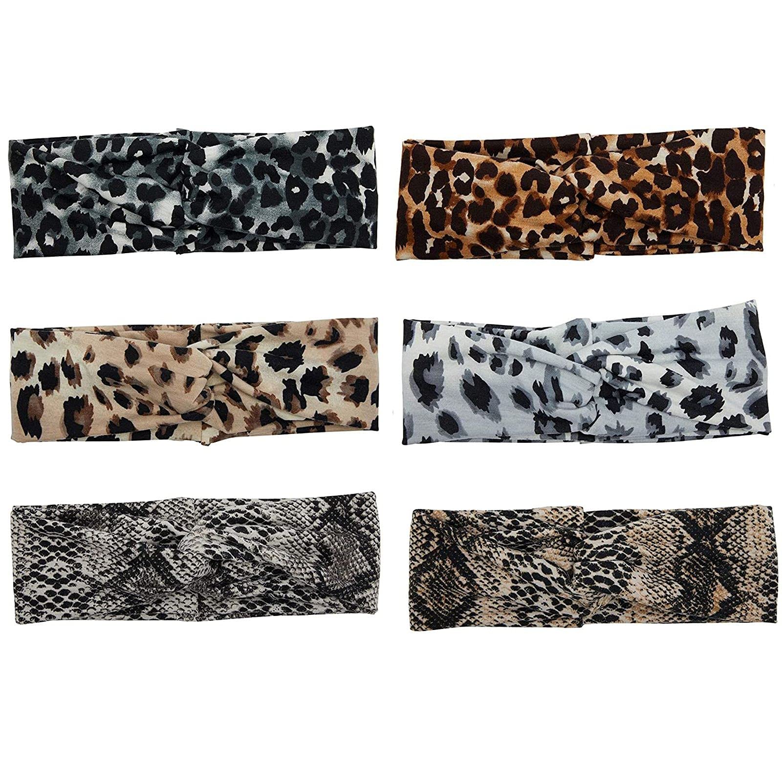 Women's Twist Knot Headbands - 6 Pack Leopard & Snake Print Fashion Hair Accessories for Workouts, Yoga, and Everyday Style