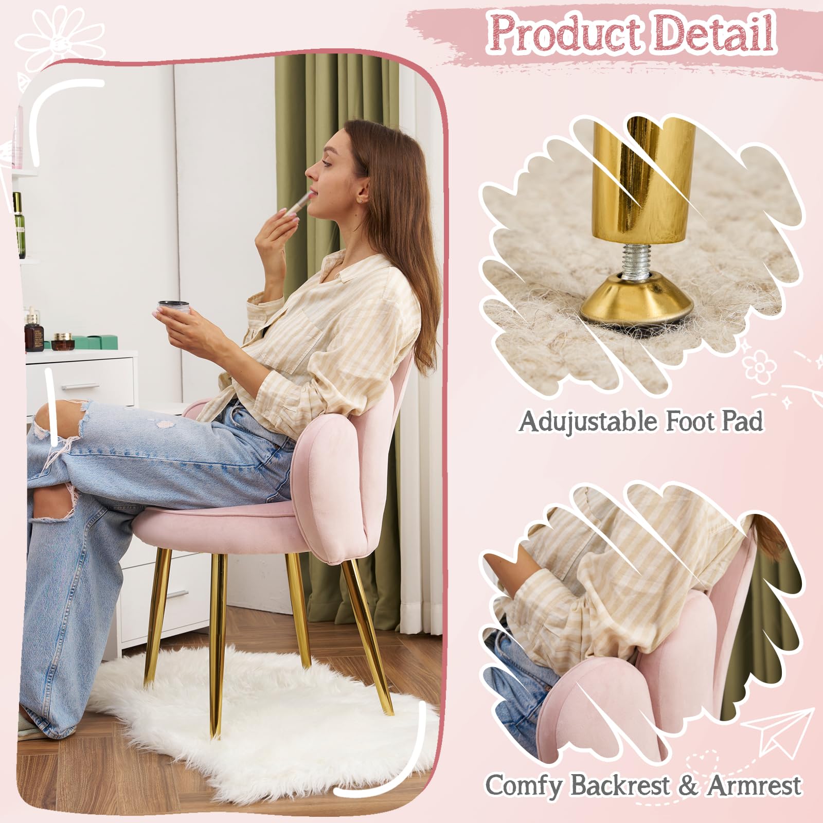 VINGLI Pink Velvet Petal Makeup Vanity Chair with Back - Cute Flower Design, No Wheels, Adjustable Gold Legs & Bow Pillow - Modern Accent Chair for Girls Bedroom, Home Office, Dressing Room & Dining Area