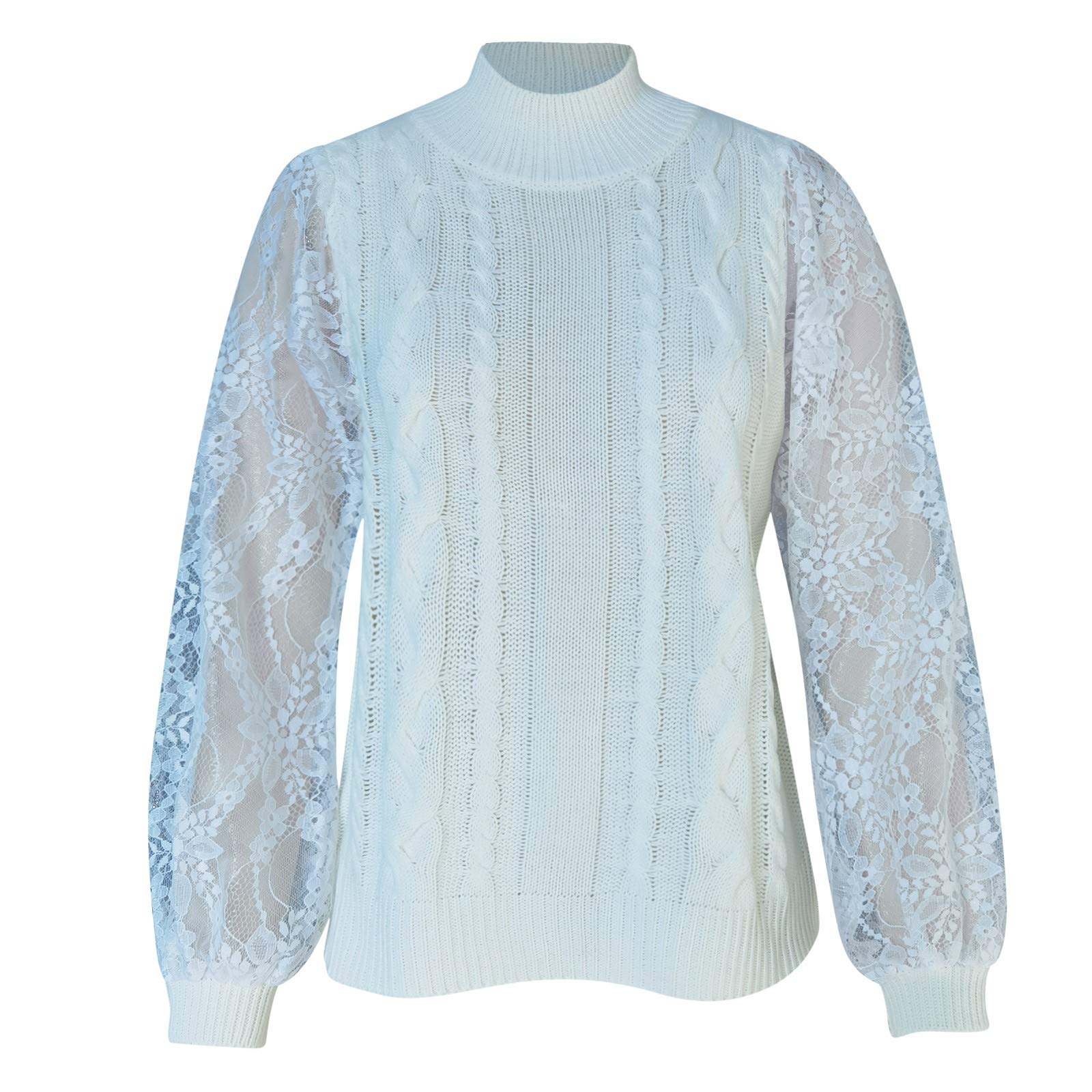 Women's Casual Loose Knit Sweater Top with Long Lace Sleeves & Patchwork Design - Cozy Pullover Blouse for Fall/Winter, Office Wear & Date Night Outfits