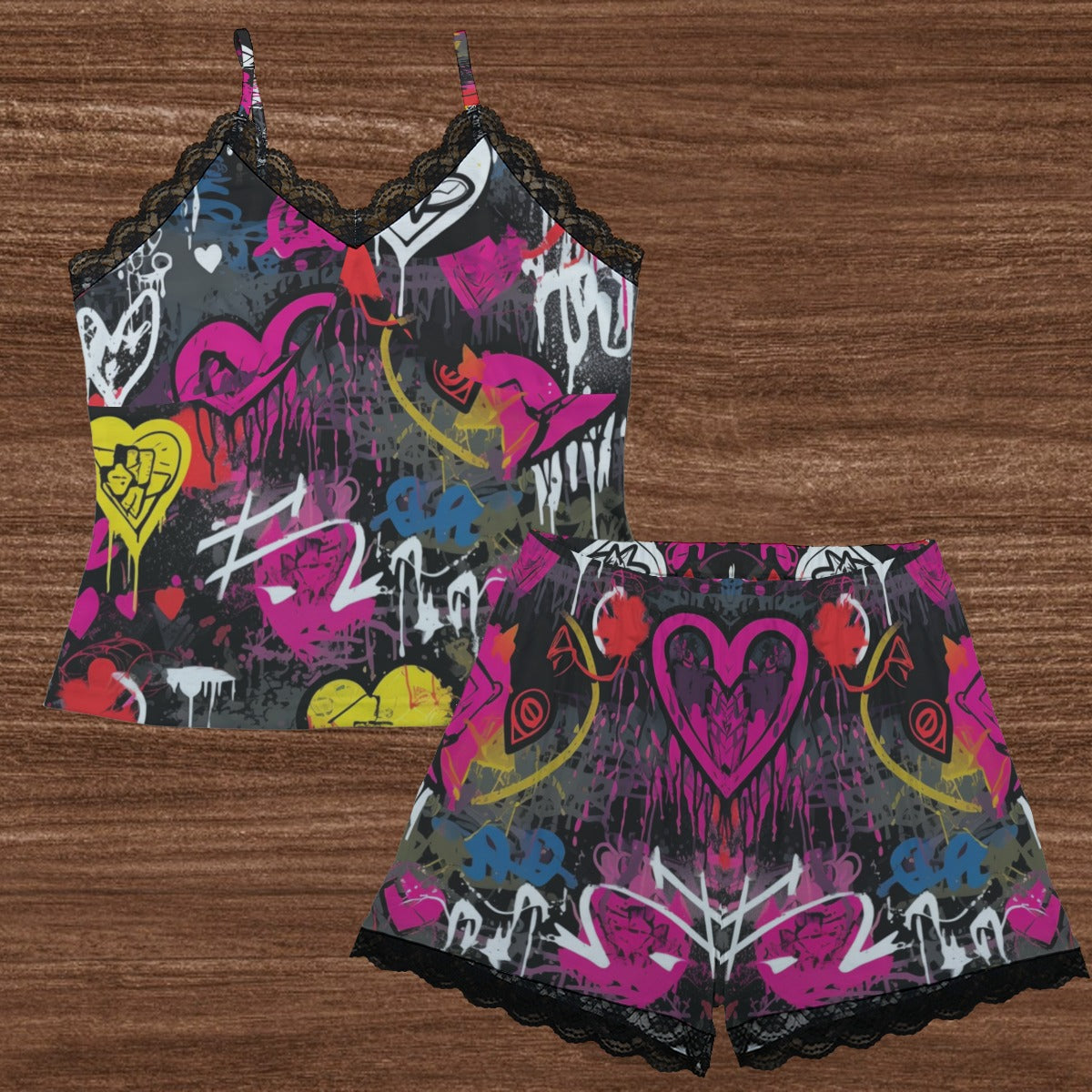 Punk Graffiti Print Camisole & Shorts Lace Trim Sleepwear Set - Sexy Lingerie for Women, Comfortable Pajamas for Home, Lounge & Sleep