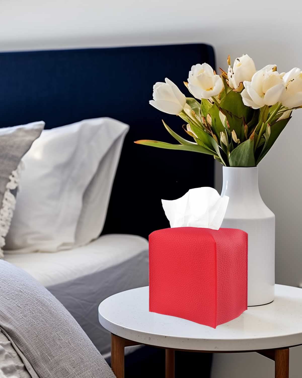 JESMINI Modern PU Leather Red Tissue Box Cover – Square Design with Bottom Belt, 5x5x5 Inches – Decorative Tissue Holder for Bathroom Vanity, Nightstand, Office Desk & Home Décor – Perfect for Living Room, Bedroom, or Office Organization