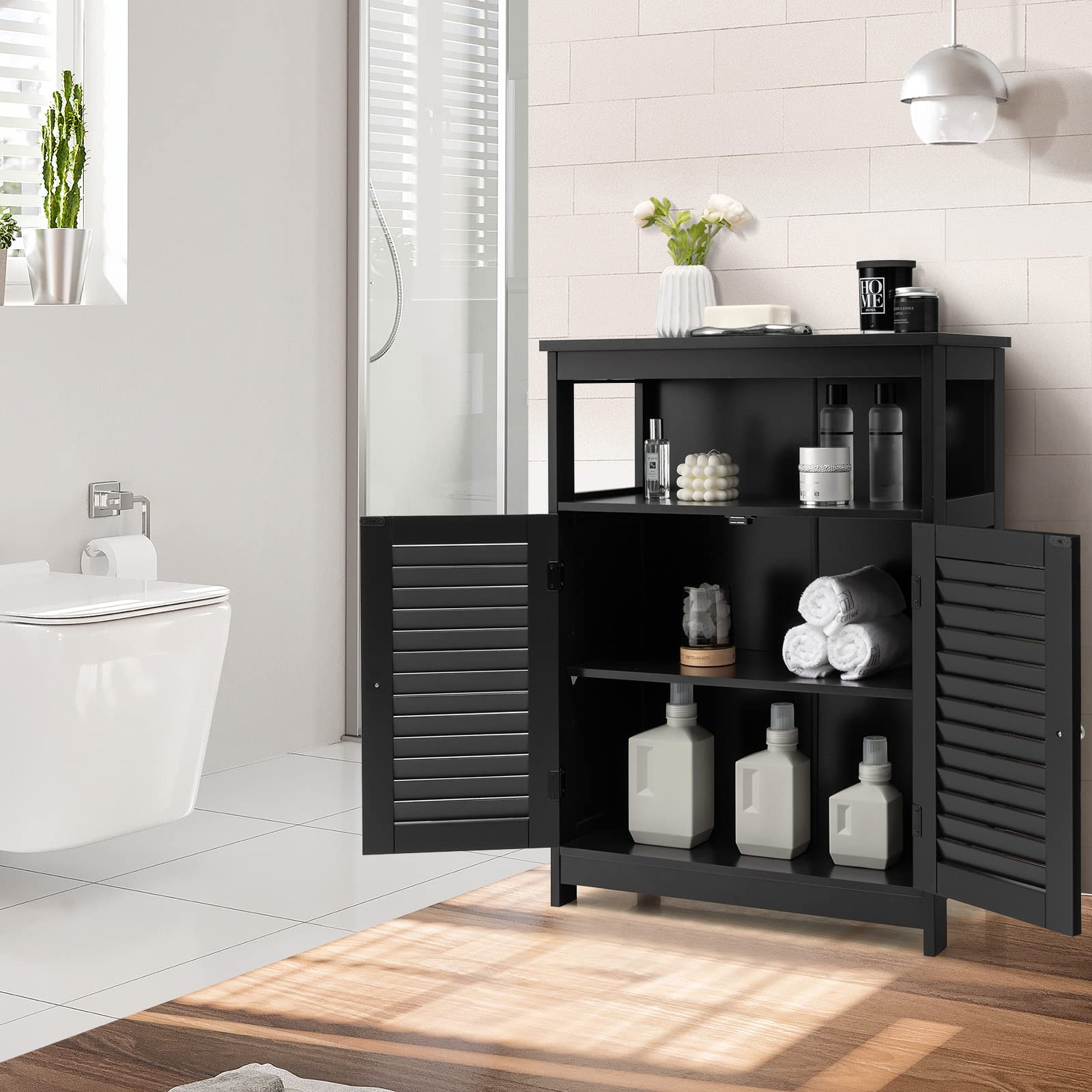 GLACER Wooden Bathroom Storage Cabinet with Double Shutter Doors - 3-Position Adjustable Shelf & Side Organizer - 23.5 x 12 x 31.5 Inches (Black) - Perfect for Bathroom, Laundry Room & Closet Organization