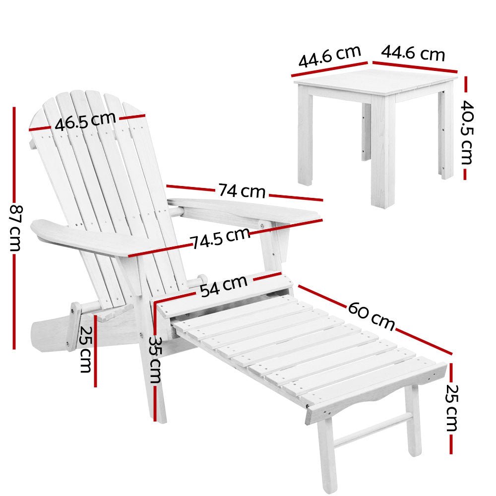 3-Piece White Wooden Adirondack Outdoor Table and Chairs Set - Perfect for Patio, Garden, Beach & Sun Lounge Relaxation