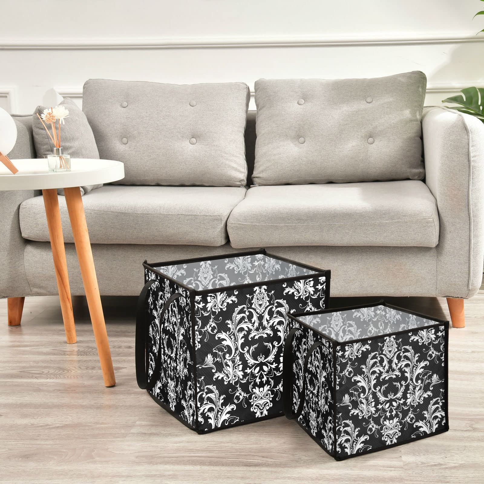 Baroque Damask Seamless Black Square Collapsible Storage Bins - 13x13x13 Inch Foldable Fabric Toy Organizer with Handles for Nursery, Shelves & Closet - Perfect for Kids' Room Organization, Home Decor and Gift Storage