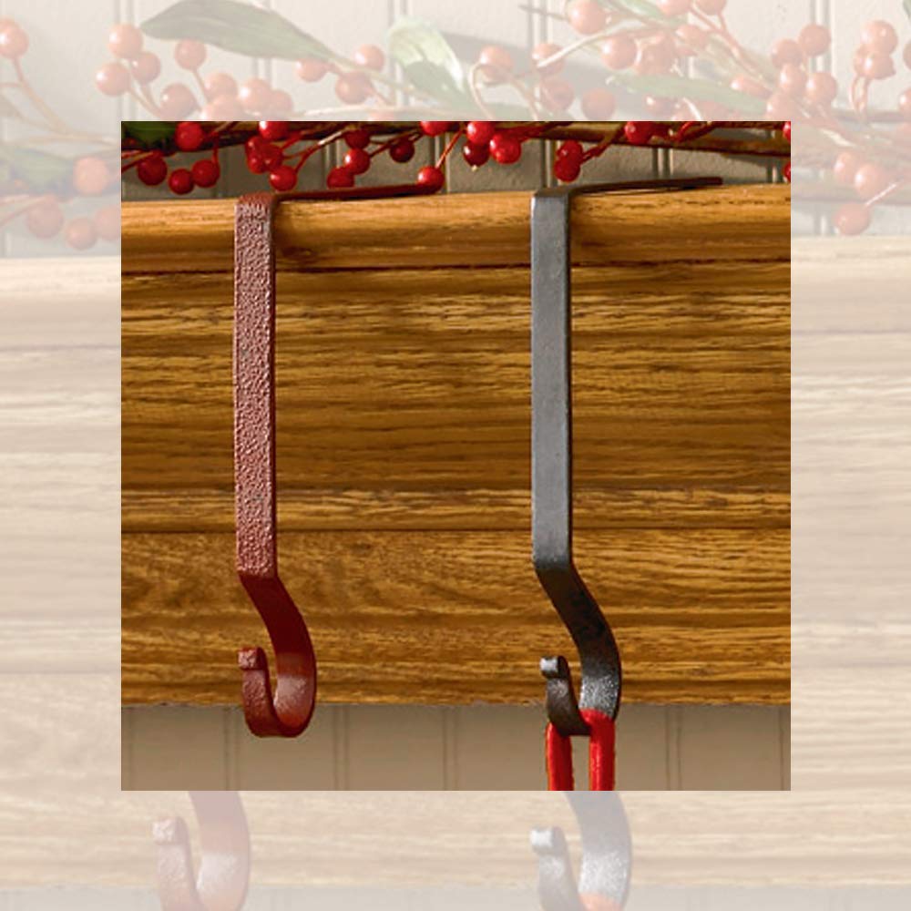 Red Wrought Iron Christmas Stocking Hangers - Set of 4 - Rustic Holiday Mantel Decor for Fireplace, Christmas Tree & Home Décor