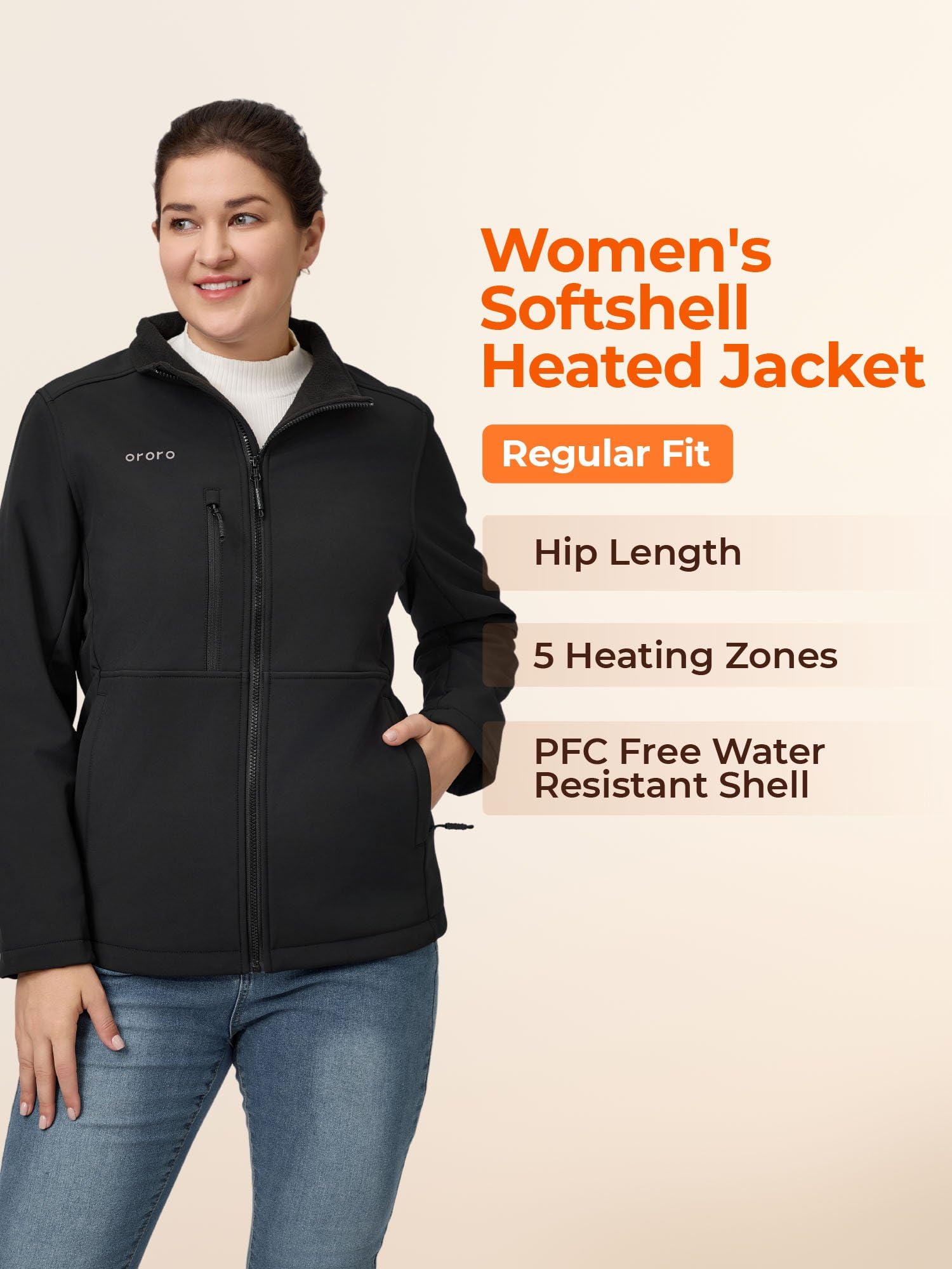 ORORO Women's 5 Heat Zones Softshell Heated Jacket with Battery - Fleece Lined Winter Jacket for Outdoor Activities, Skiing, Hiking & Cold Weather (Charger Not Included)