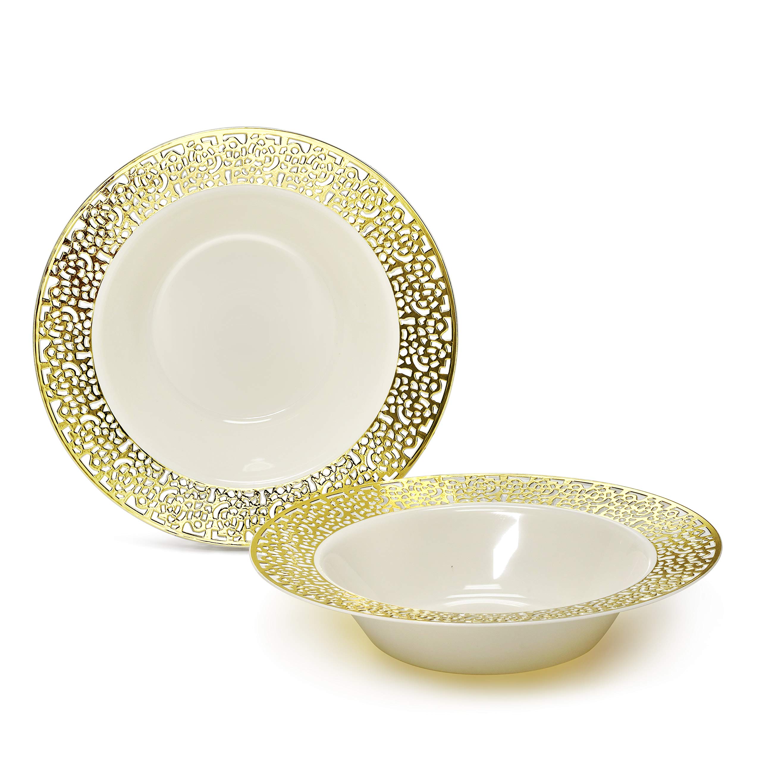 60-Piece Heavyweight Disposable Plastic Plates & Bowls Set - 12oz Soup Bowls for Wedding, Party & Events (Florence Ivory & Gold) | Elegant Dinnerware for Catering, Picnics & Special Occasions