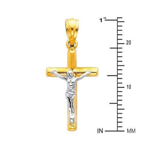 14K Two-Tone Gold Jesus Cross Religious Pendant Necklace with 1.2mm Singapore Chain - Elegant Christian Jewelry Gift for Baptism, Confirmation & Daily Wear