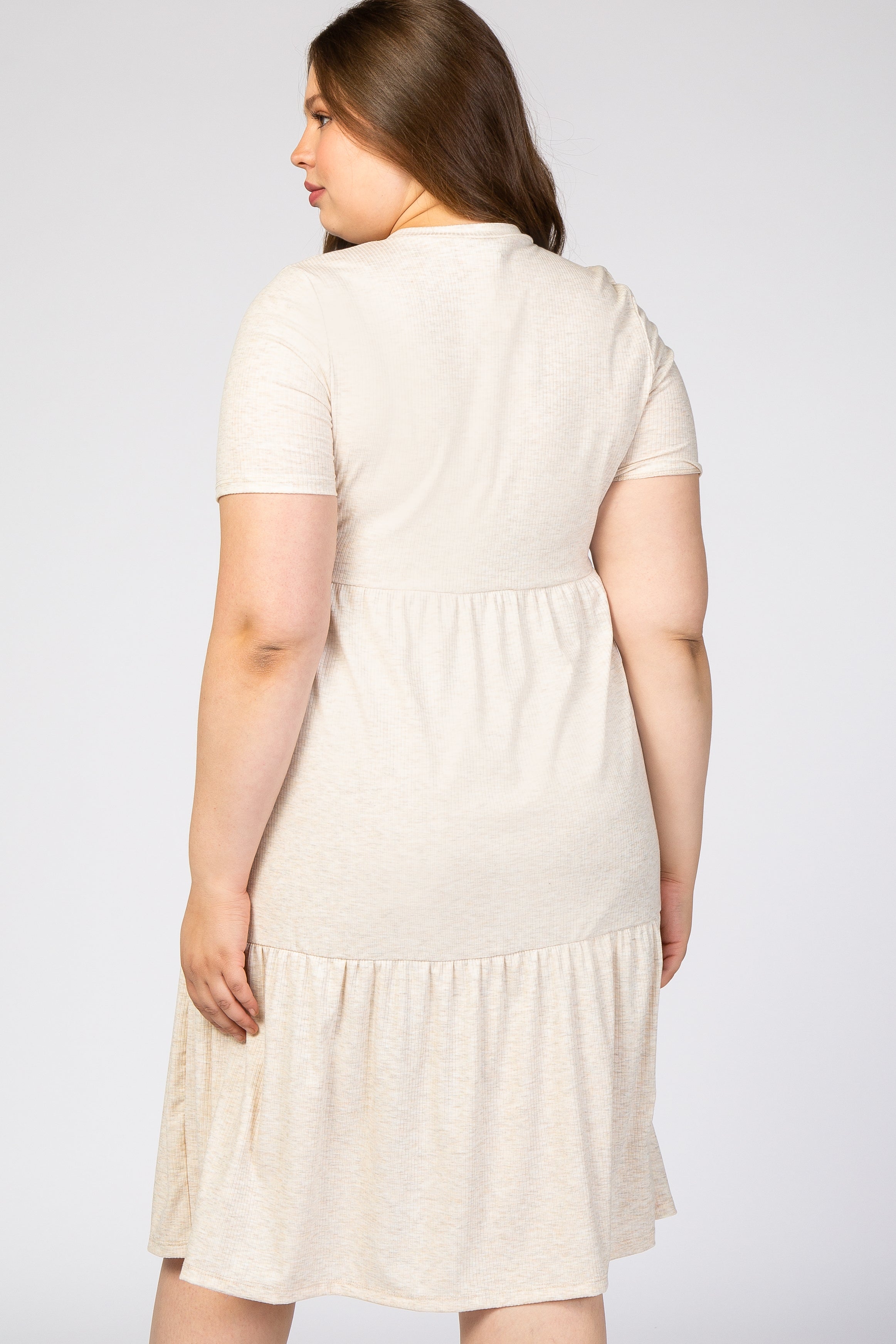 Beige Ribbed Tiered Maternity Plus Size Dress for Pregnancy - Comfortable Stretchy Nursing Dress for Women, Perfect for Baby Showers, Maternity Photos & Everyday Wear