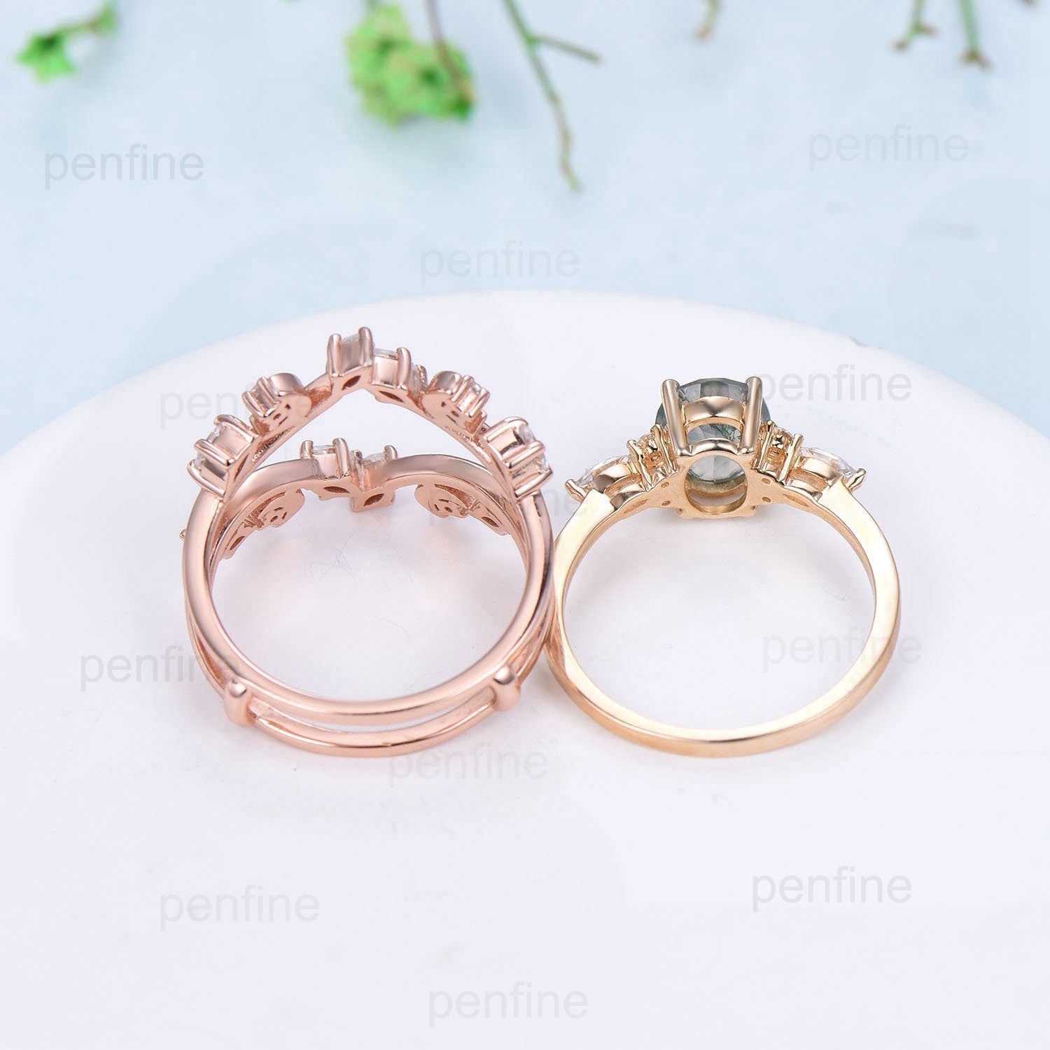 1.5CT Natural Oval Moss Agate Engagement Ring Set with Marquise Aquatic Agate Moon Wedding Ring - Nature Inspired Double Leaf Stacking Bridal Jewelry Set for Women - Perfect for Engagement, Wedding, Anniversary & Everyday Wear