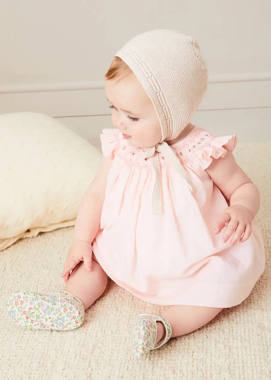 Pink Hand Smocked Sleeveless Baby Dress with Bloomers - 12 Months Size - Perfect for Special Occasions, Photoshoots & Summer Outfits