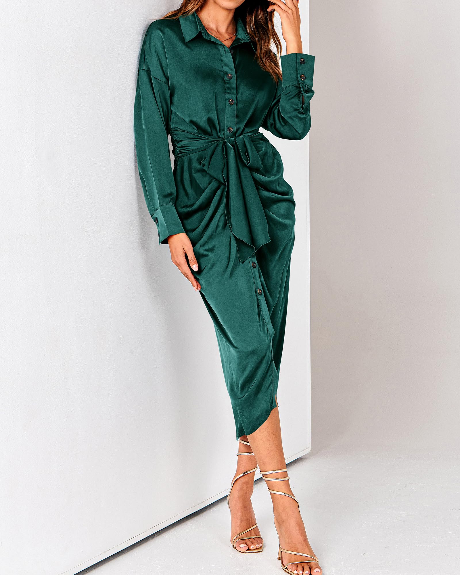 BTFBM Women's Long Sleeve Satin Dress - Elegant V Neck Button Down Maxi Dress with Belt & Ruched Detail for Spring Summer 2025 | Perfect for Weddings, Parties & Office Wear