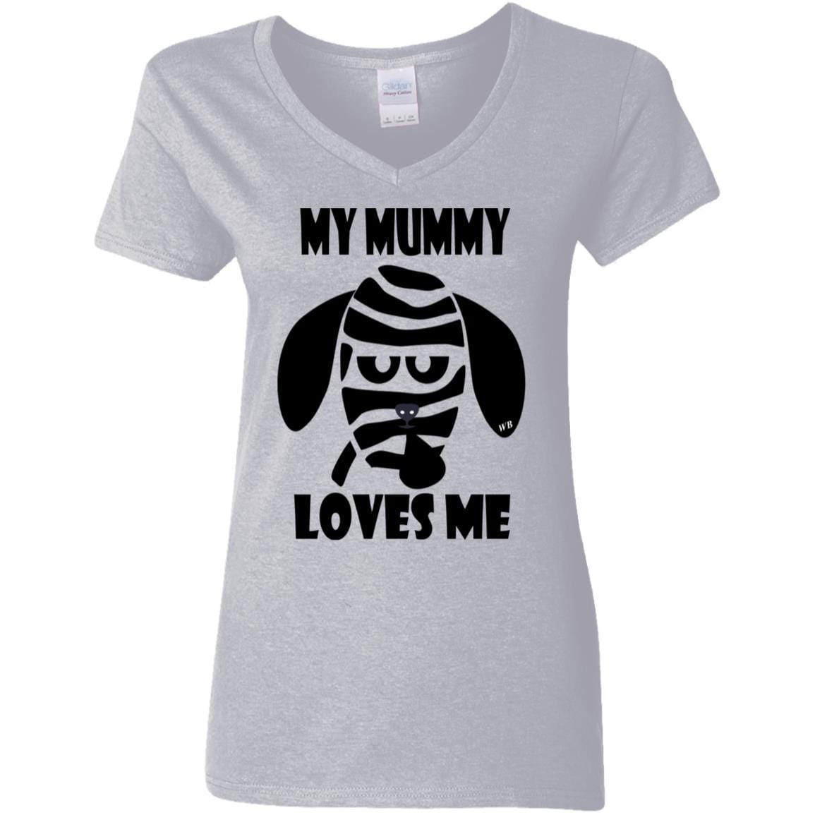My Mummy Loves Me Halloween Women's 5.3 oz V-Neck T-Shirt | Funny Spooky Graphic Tee for Costume Parties & Trick or Treating