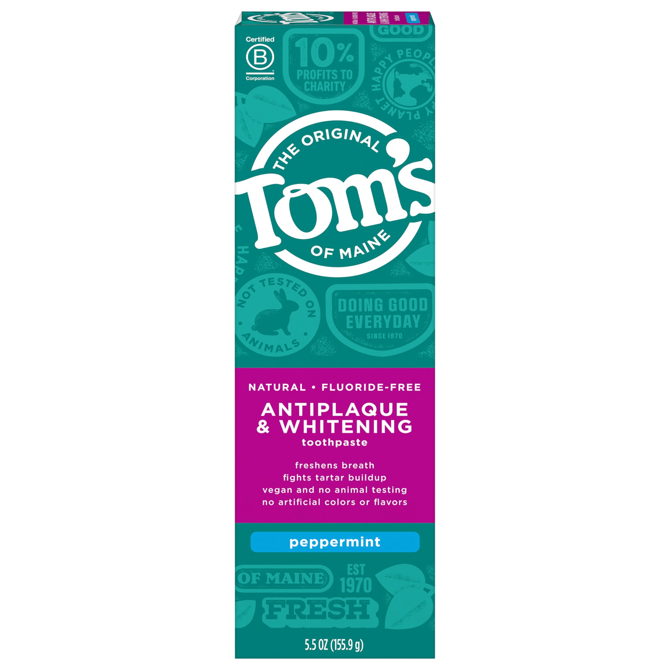 Tom's of Maine Natural Antiplaque & Whitening Toothpaste - Fluoride-Free, Peppermint Flavor, 5.5 oz - Fresh Breath & Teeth Whitening for Daily Oral Care