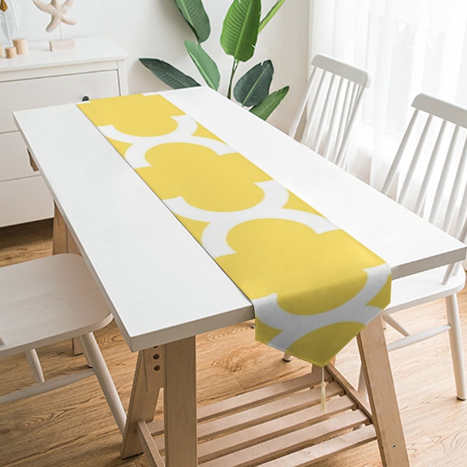 Tiukiu Yellow Quatrefoil Table Runner - 79x13 Inch Farmhouse Dining Table Scarf for Kitchen, Dinner Party, Wedding Decor | Perfect for Holiday Celebrations & Home Decoration