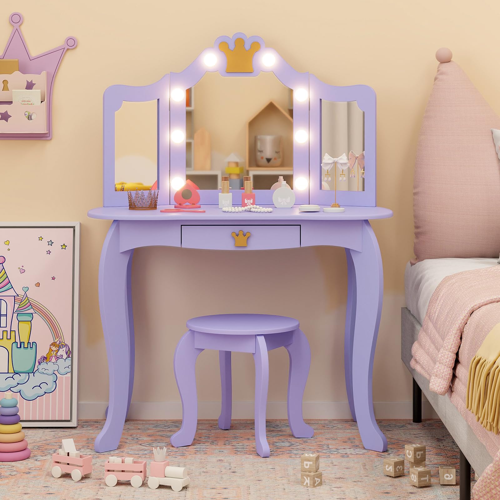 Costzon Kids Vanity Set with LED Lights & Stool - Princess Makeup Dressing Table with Mirror & Drawers for Girls - 2-in-1 Toddler Vanity Play Set (Violet) - Perfect for Pretend Play, Birthday Gifts & Bedroom Decor