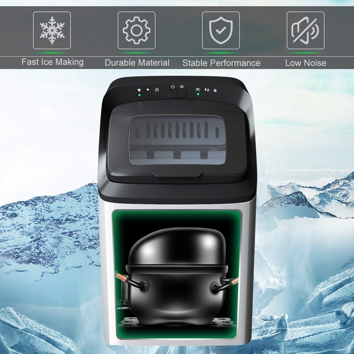 MAT EXPERT Stainless Steel Countertop Ice Maker - 33lbs/24H, Fast 7-Min Ice Making, Self-Cleaning Portable Ice Machine with Ice Scoop & Bucket - Perfect for Home Bars, Parties, Offices, and Outdoor Events