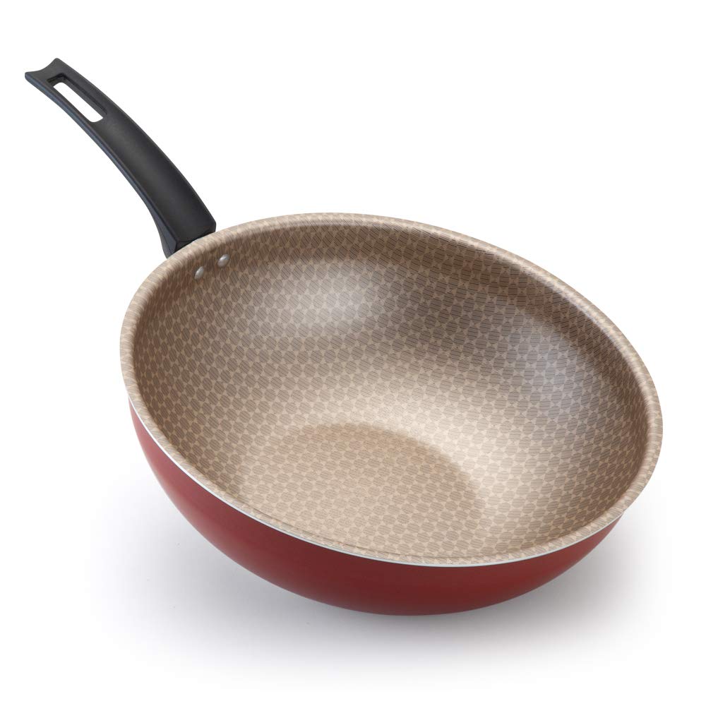 Premium 28cm Aluminum Oliveira Wok Pan - 4.2L Non-Stick Cooking Pot with Heat-Resistant Handle, Luxury Red - Perfect for Stir-Fry, Sautéing & Asian Cuisine