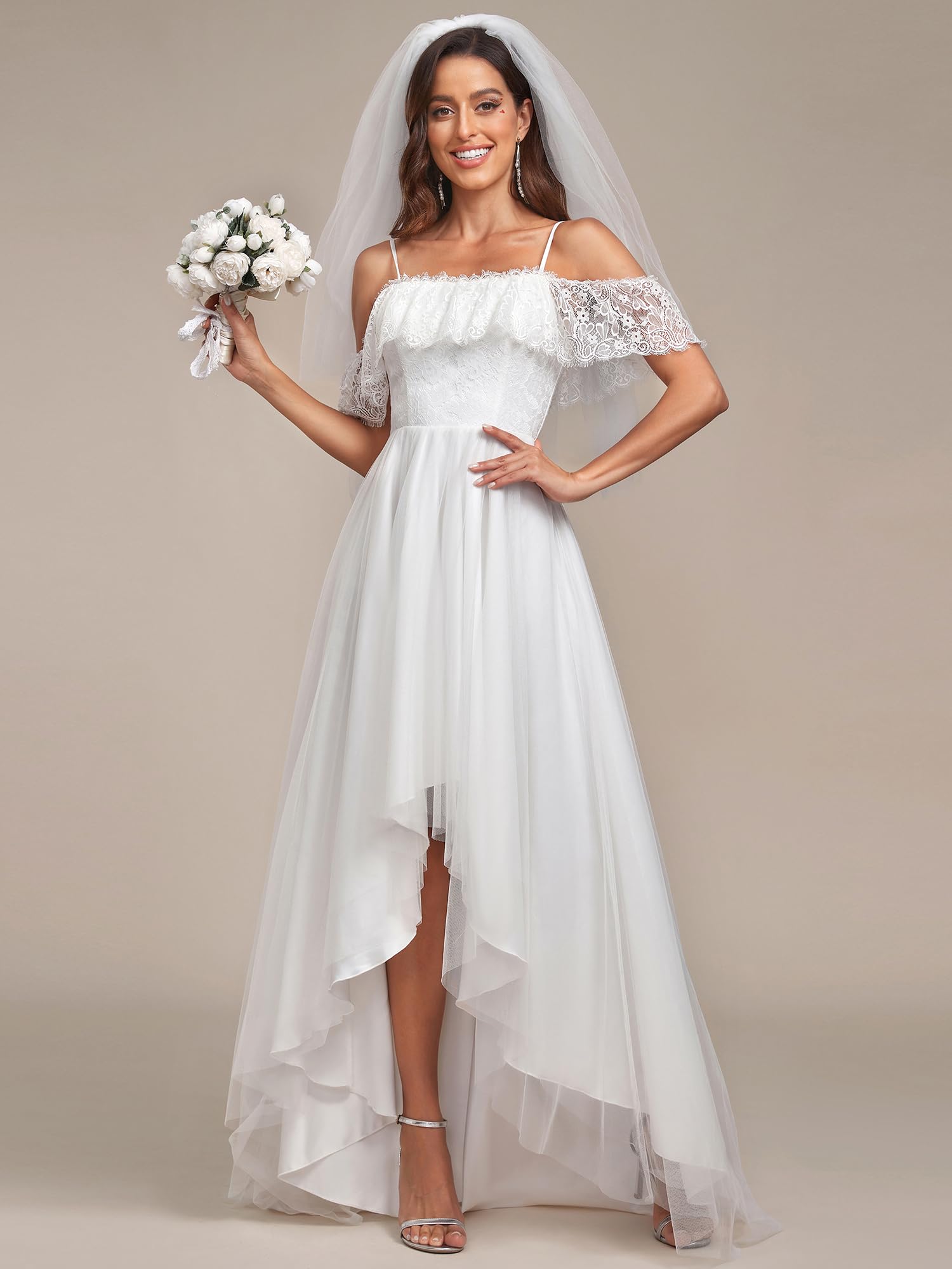 Ever-Pretty Women's A-Line Off Shoulder Wedding Dress with High-Low Hem & Spaghetti Straps - Elegant Lace Bridal Gown 90340 for Beach Weddings, Garden Ceremonies & Vow Renewals