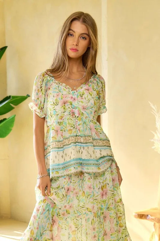 Floral Print Ruffled Blouse with Textured Details - Spring Women's Fashion Top for Casual Outings & Date Nights