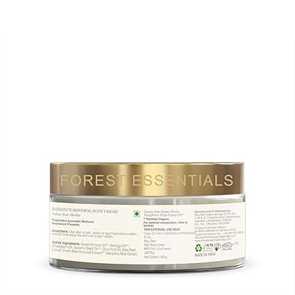 Forest Essentials Radiance Renewal Body Cream with Indian Rose Absolute & Shea Butter | Ayurvedic Moisturizing Cream for Dry Skin | Rose Essential Oil for Glowing Skin | Perfect for Daily Hydration & Spa-Like Luxury at Home