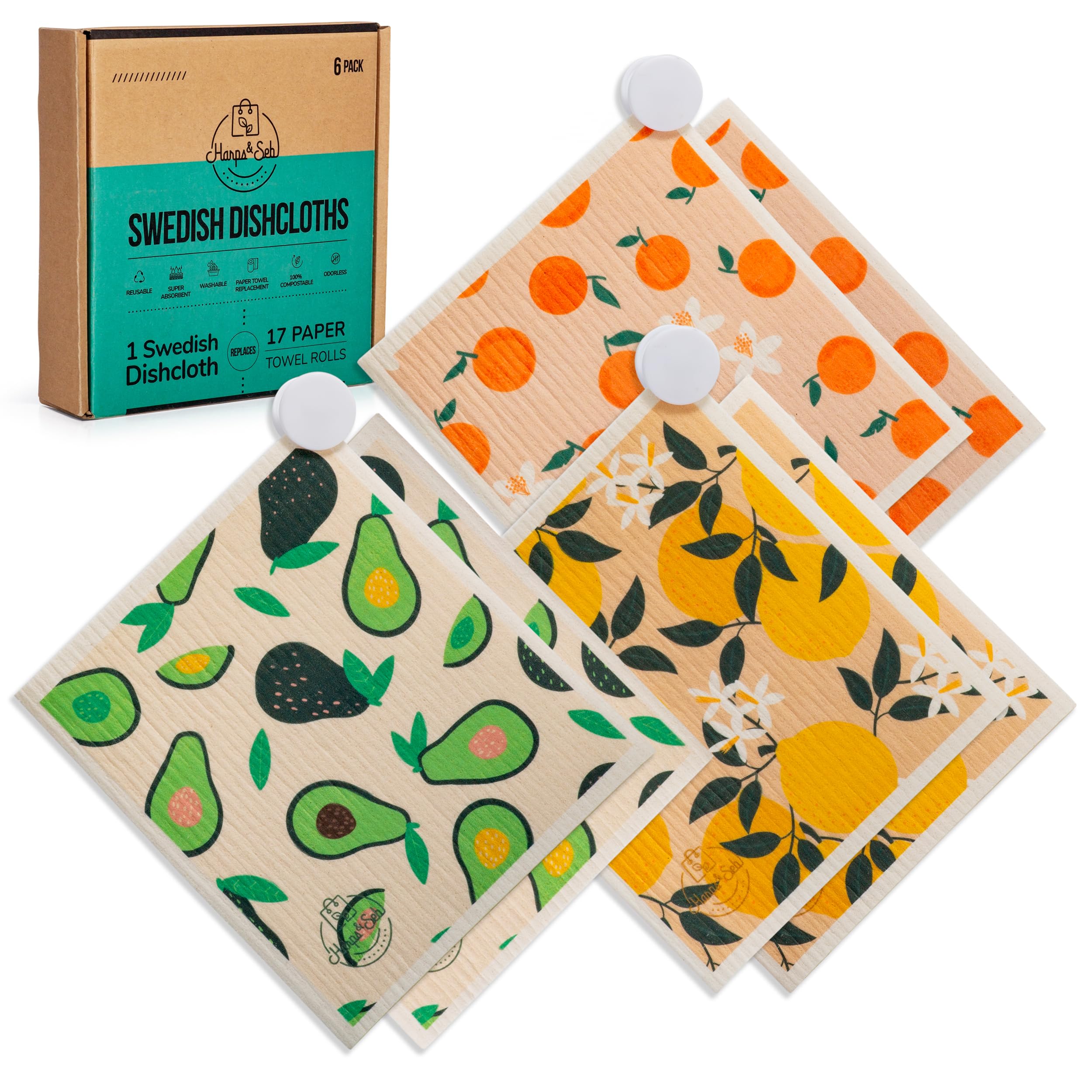 Harps&Seb Swedish Dishcloths - 6 Pack Reusable Kitchen Towels | Super Absorbent, Washable & Biodegradable | Non-Scratch Dish Towels with Clips | Perfect for Cleaning Countertops, Dishes & Spills
