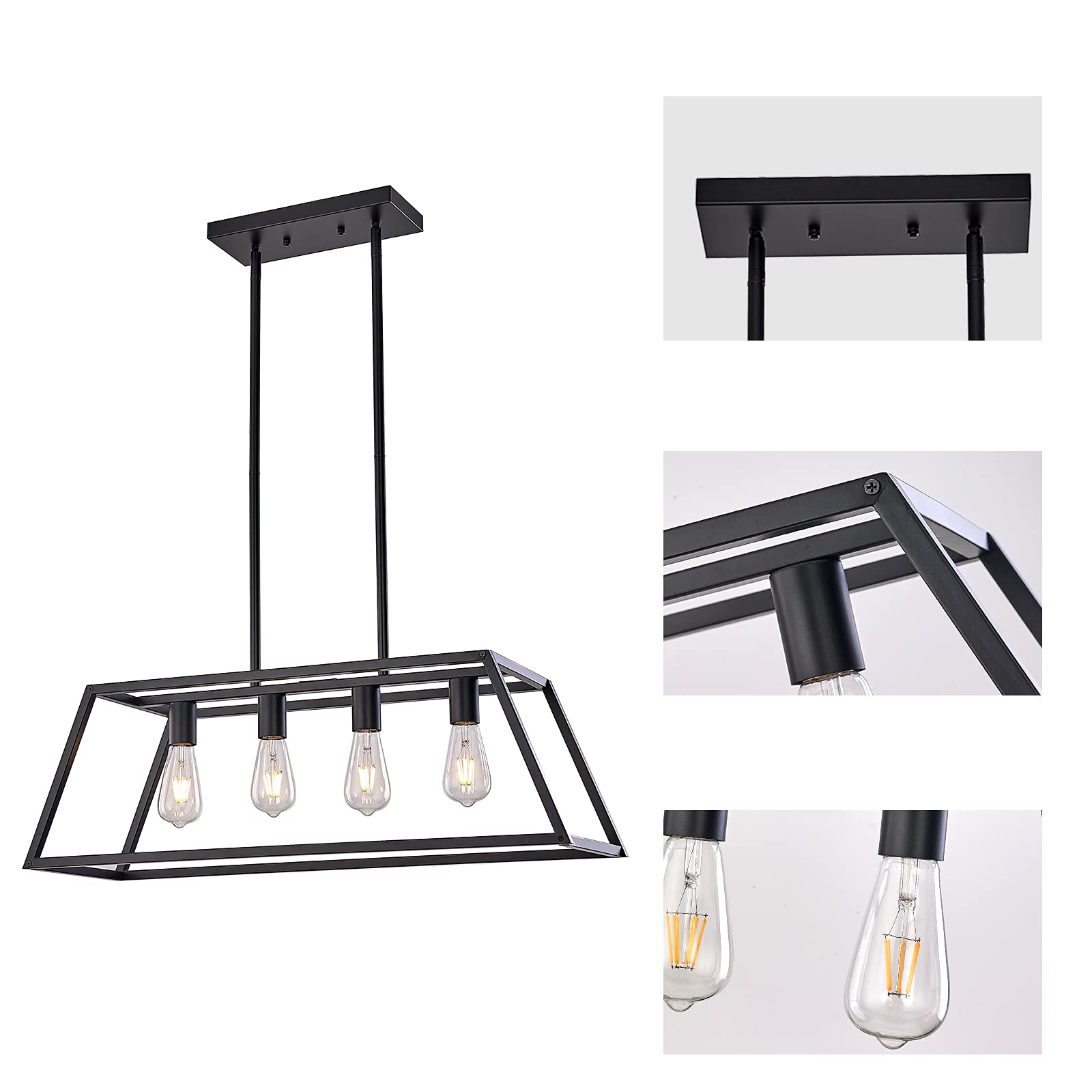 XILICON Modern 4-Light Black Linear Pendant Light - Farmhouse Kitchen Island Chandelier for Dining Room, Hanging Cage Lighting Fixture | Perfect for Farmhouse, Industrial & Contemporary Home Decor