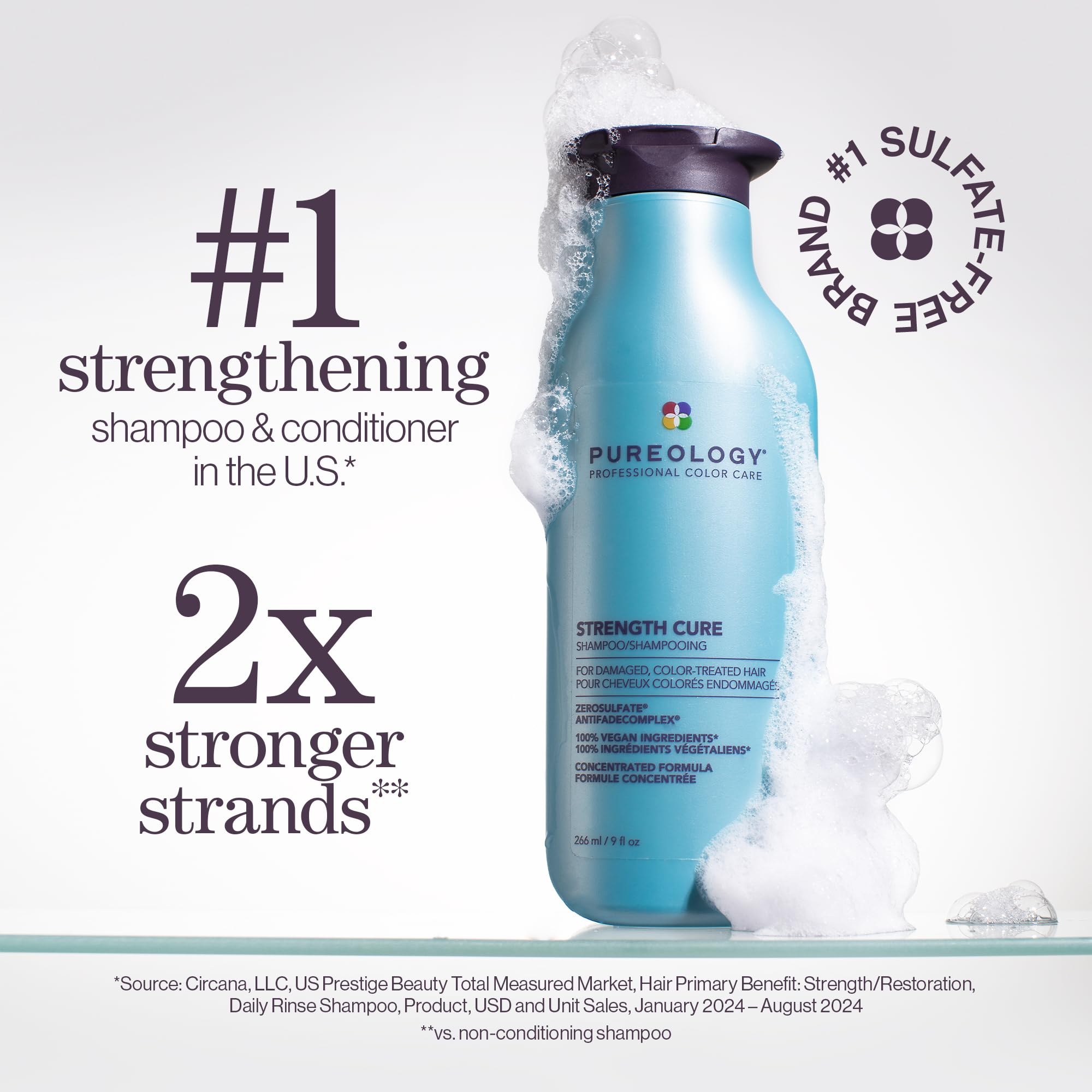 Pureology Strength Cure Shampoo - Sulfate-Free Damage Repair & Strengthening Shampoo for Damaged & Color-Treated Hair | Restores Strength, Seals Split Ends | Vegan & Cruelty-Free | Perfect for Daily Hair Care & Salon-Quality Results at Home