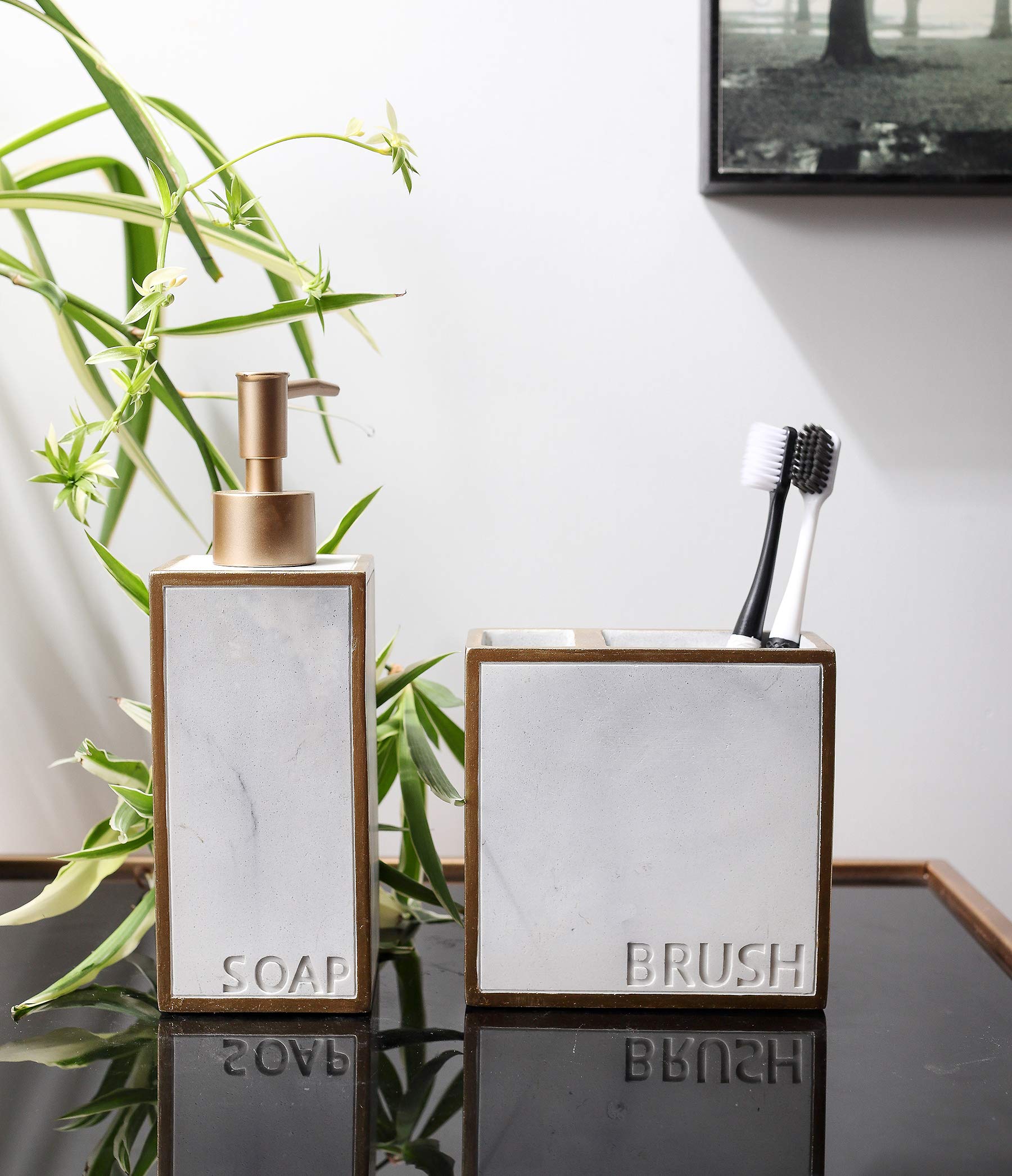 Hymmah 4-Piece Bathroom Accessories Set - Farmhouse Style Toothbrush Holder, Soap Dispenser, Soap Dish & Tumbler | Resin Bath Decor Gift Set for Apartment Essentials | Perfect for Guest Bathrooms, Rustic Home Decor & Housewarming Gifts