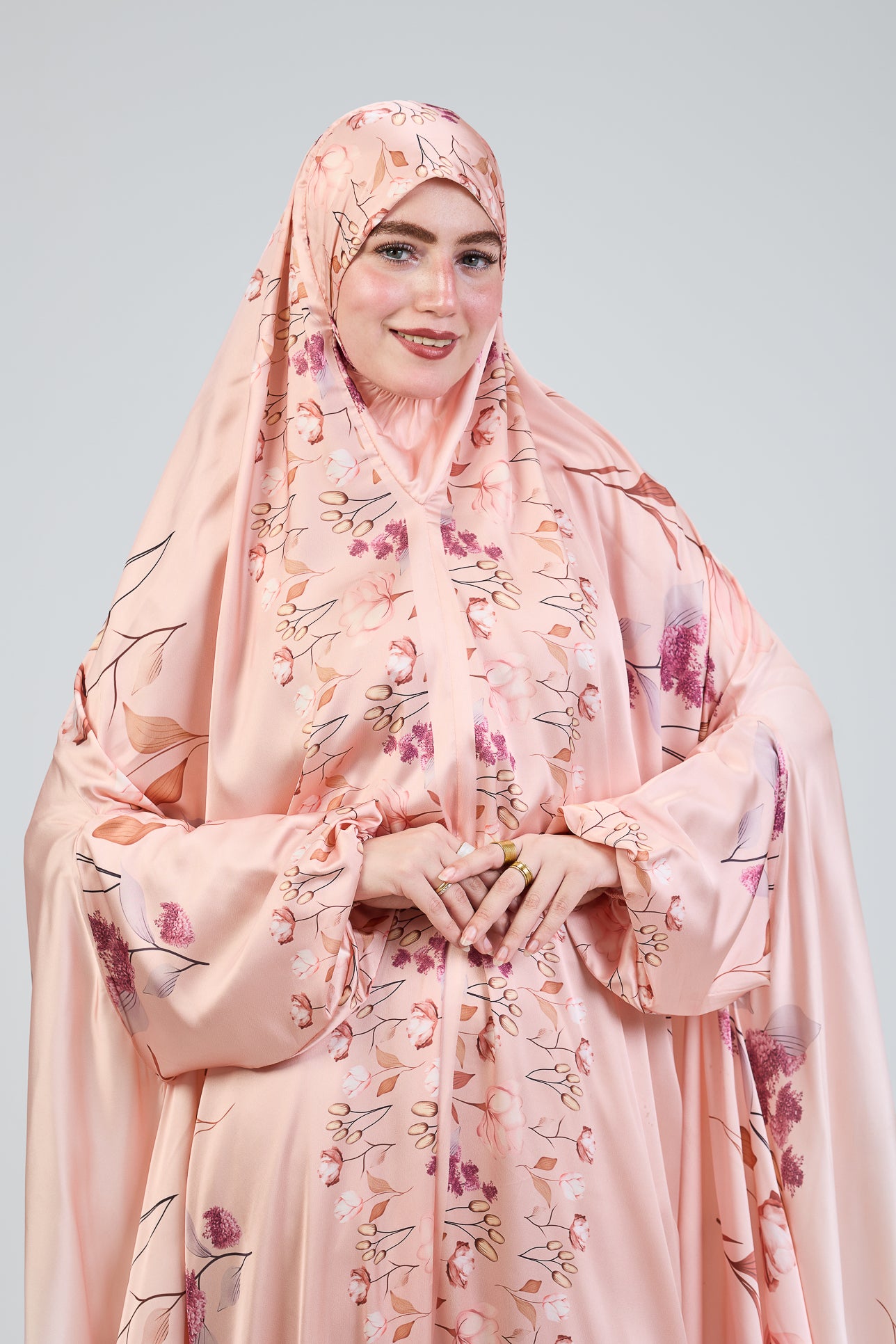 Mazna Blush Bloom Satin Prayer Gown with Pouch & Elastic Cuffs - Elegant Islamic Prayer Dress for Women, Comfortable Modest Nightgown for Home & Mosque Worship