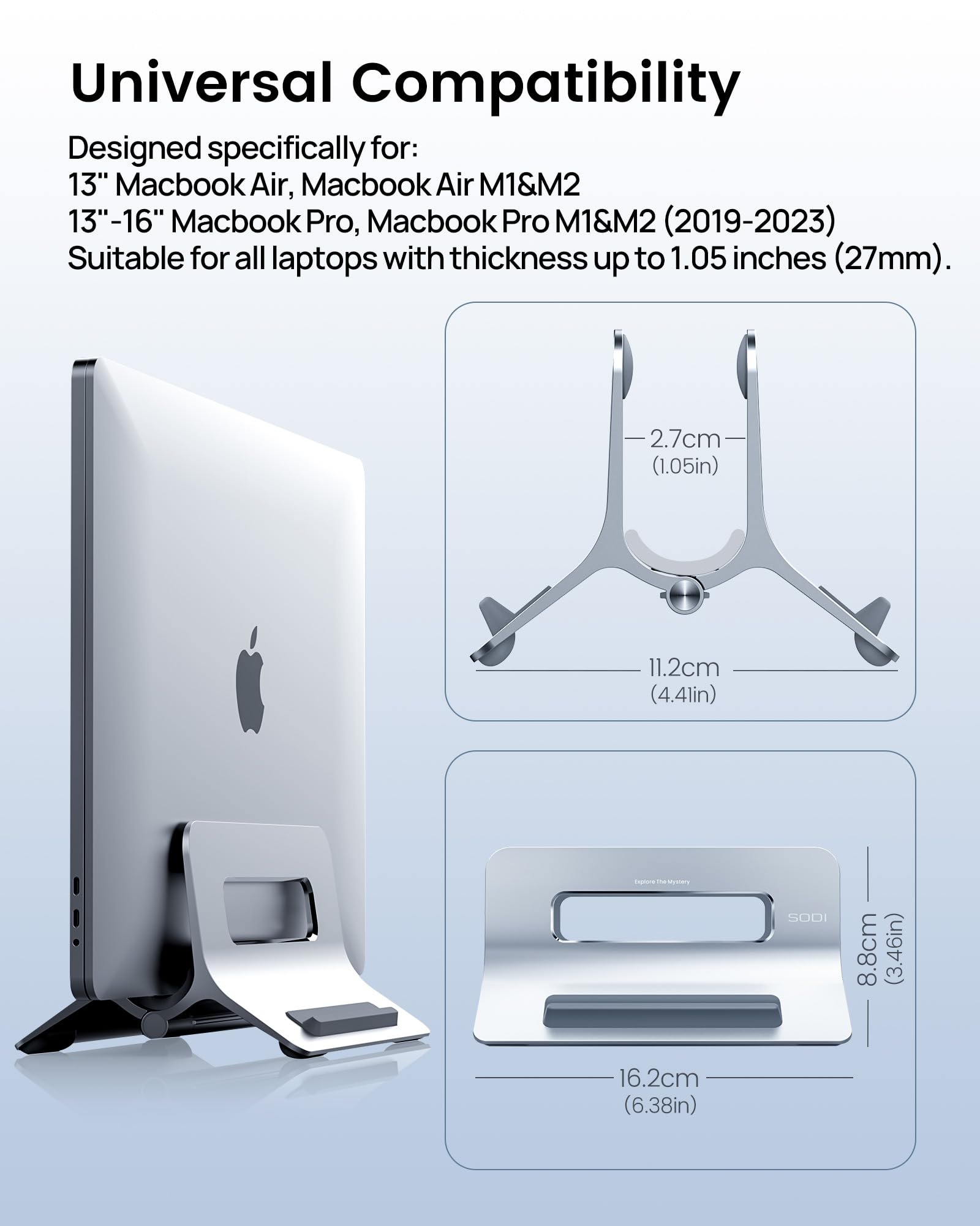 SODI Vertical Laptop Stand for Desk - Aluminum Gravity Auto Lock MacBook Holder Dock | Compatible with MacBook Pro & Air (Silver) | Perfect for Home Office, Workspace & Desk Organization